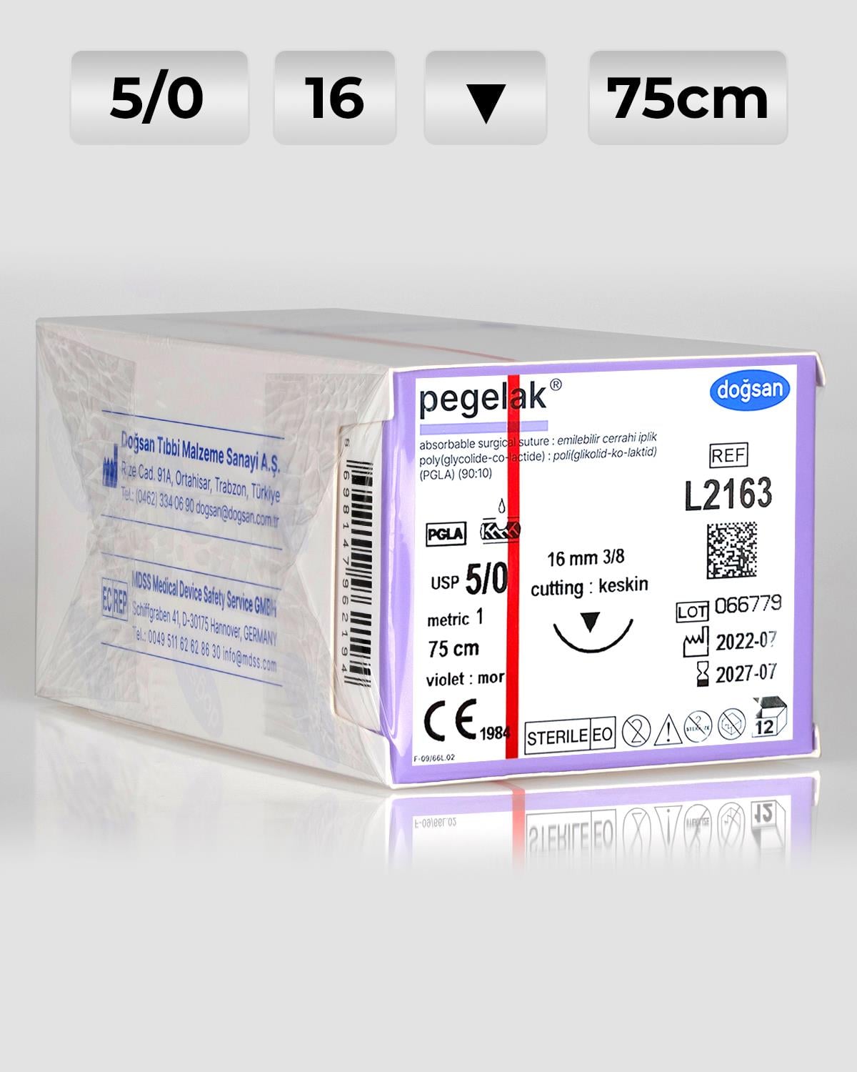 L2163 DOĞSAN Pegelak 5/0 16 3/8 Keskin (▼) 75cm PGLA Emilebilir Sütür 12 Ad./Pkt