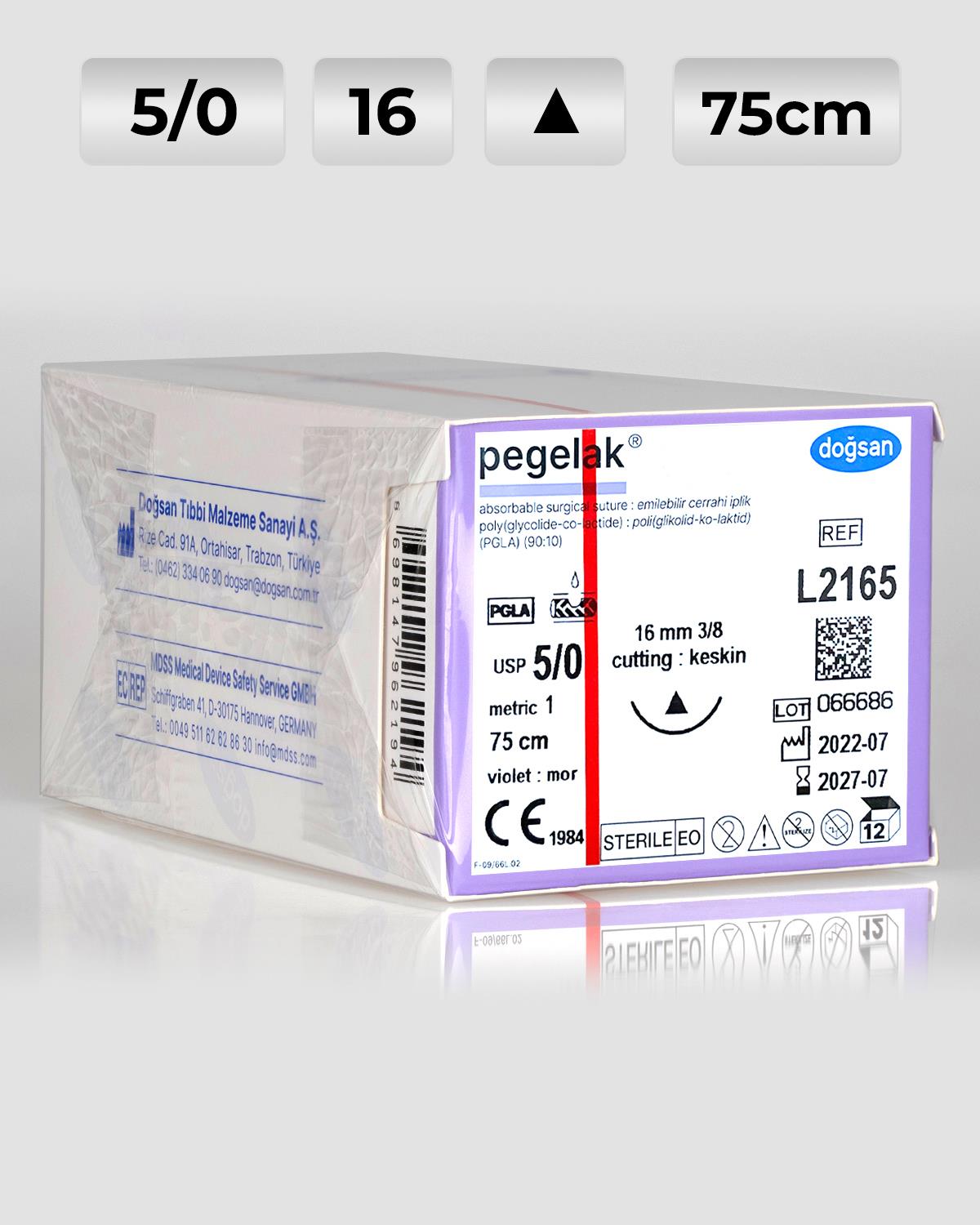L2165 DOĞSAN Pegelak 5/0 16 3/8 Keskin (Δ) 75cm PGLA Emilebilir Sütür 12 Ad./Pkt