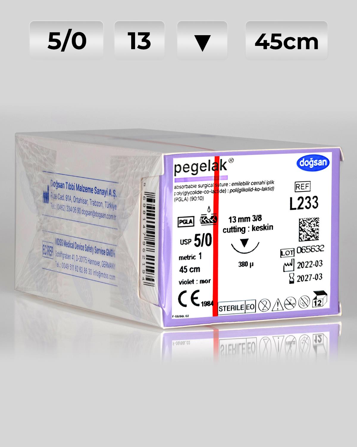 L233 DOĞSAN Pegelak 5/0 13 3/8 Keskin (▼) 45cm PGLA Emilebilir Sütür 12 Ad./Pkt