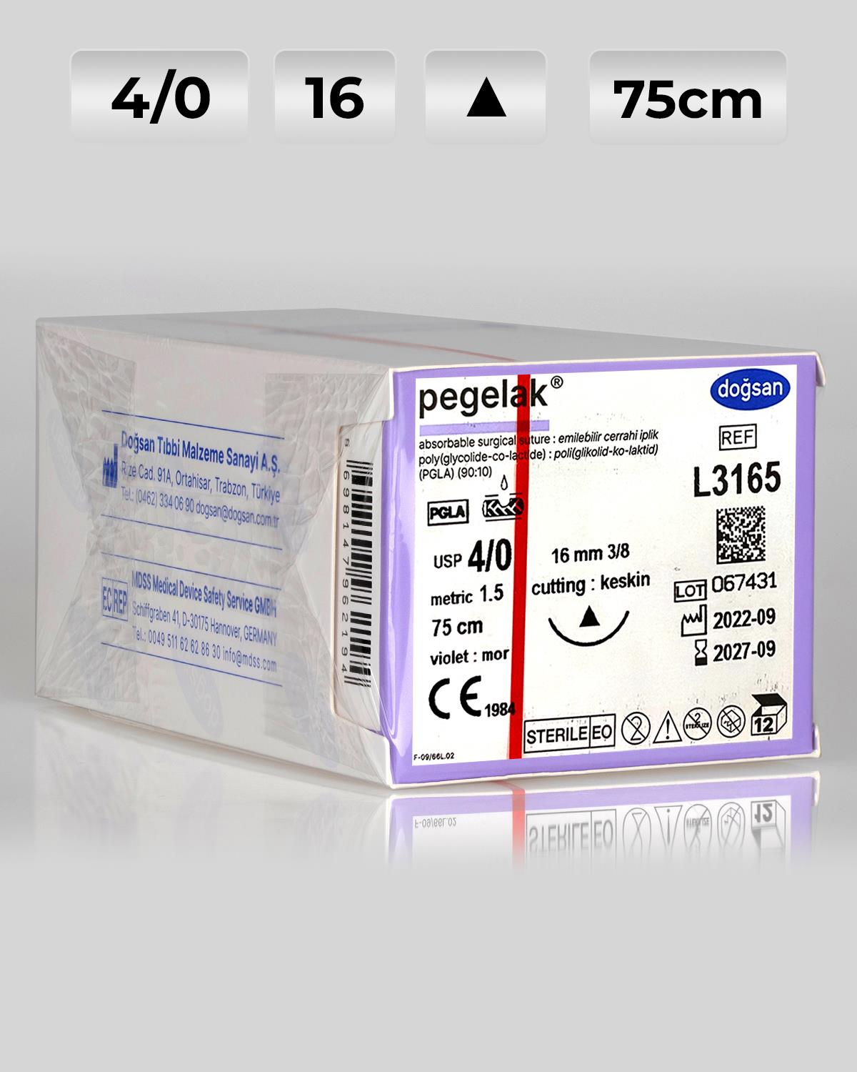 L3165 DOĞSAN Pegelak 4/0 16 3/8 Keskin (Δ) 75cm PGLA Emilebilir Sütür 12 Ad./Pkt