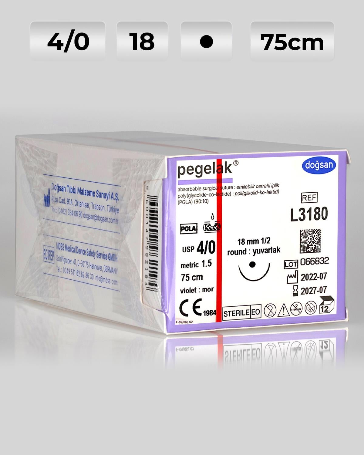 L3180 DOĞSAN Pegelak 4/0 18 1/2 Yuvarlak (●) 75cm PGLA Emilebilir Sütür 12 Ad./Pkt
