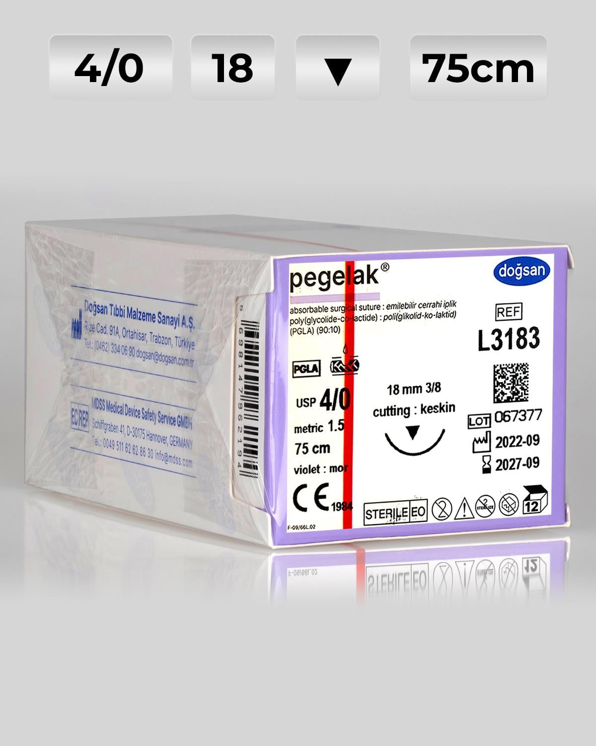 L3183 DOĞSAN Pegelak 4/0 18 3/8 Keskin (▼) 75cm PGLA Emilebilir Sütür 12 Ad./Pkt