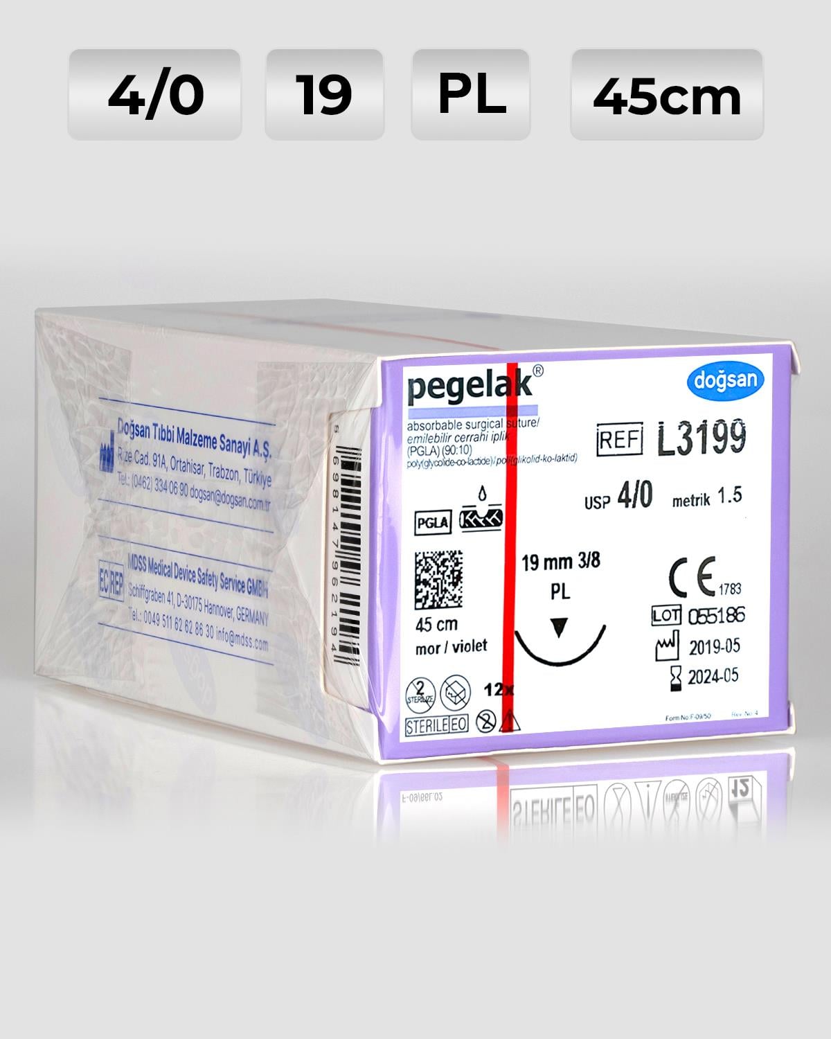 L3199 DOĞSAN Pegelak 4/0 19 3/8 PL 45cm PGLA Emilebilir Sütür 12 Ad./Pkt