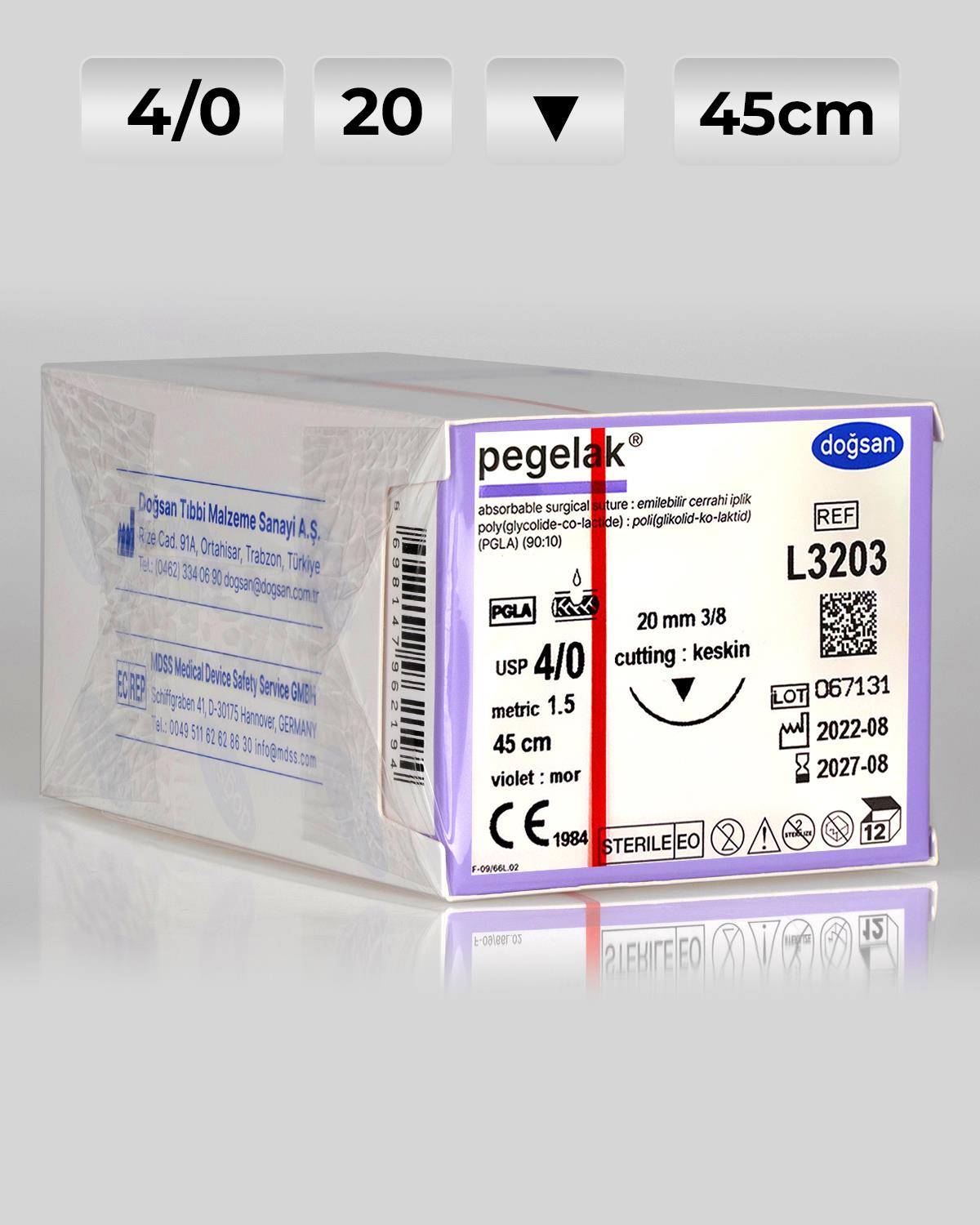 L3203 DOĞSAN Pegelak 4/0 20 3/8 Keskin (▼) 45cm PGLA Emilebilir Sütür 12 Ad./Pkt