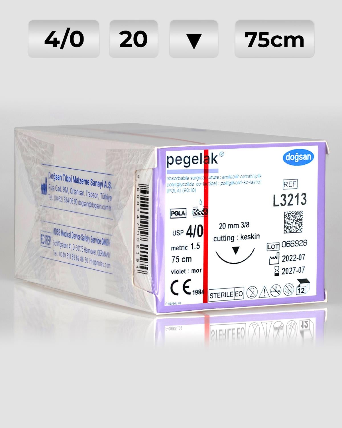 L3213 DOĞSAN Pegelak 4/0 20 3/8 Keskin (▼) 75cm PGLA Emilebilir Sütür 12 Ad./Pkt