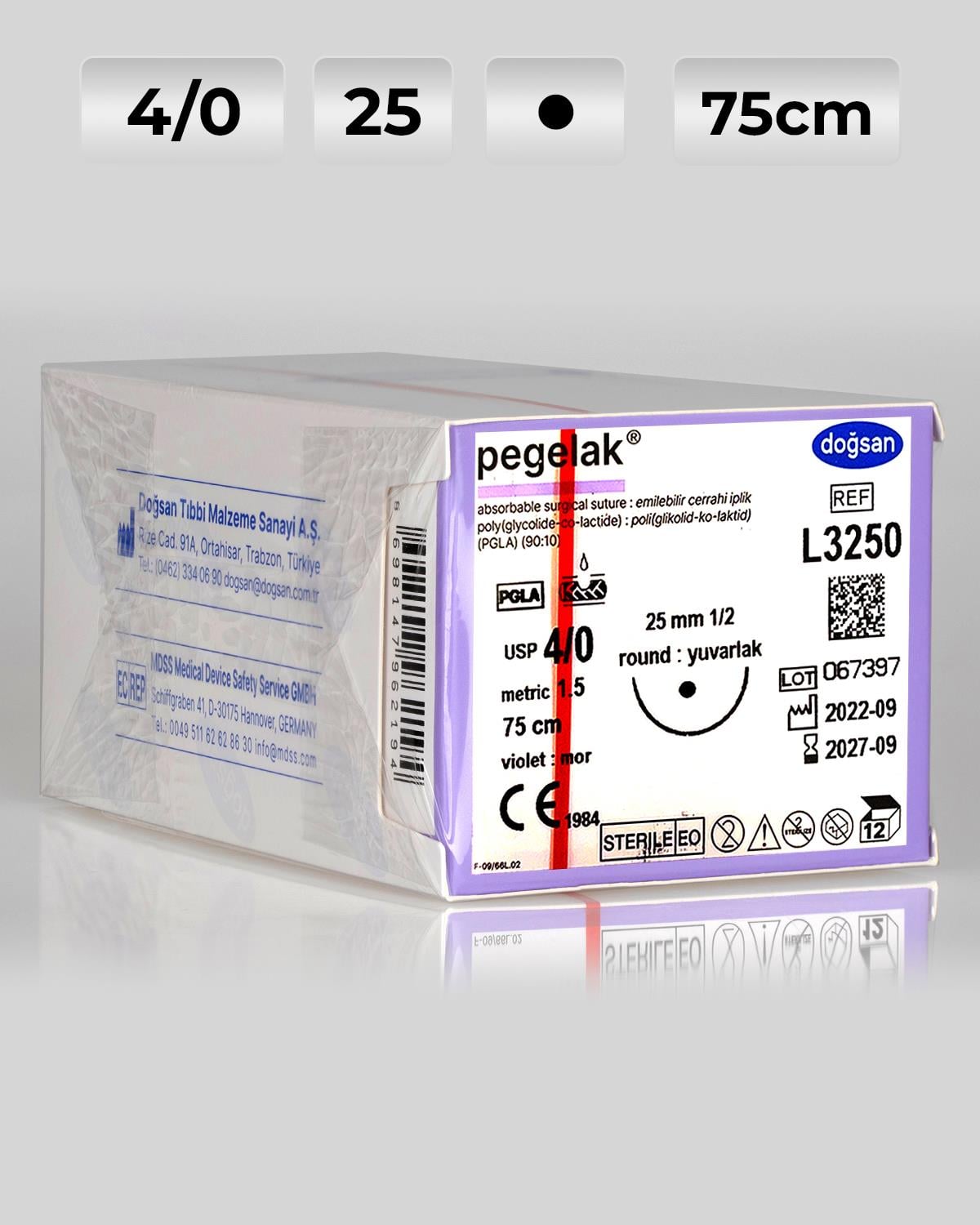 L3250 DOĞSAN Pegelak 4/0 25 1/2 Yuvarlak (●) 75cm PGLA Emilebilir Sütür 12 Ad./Pkt