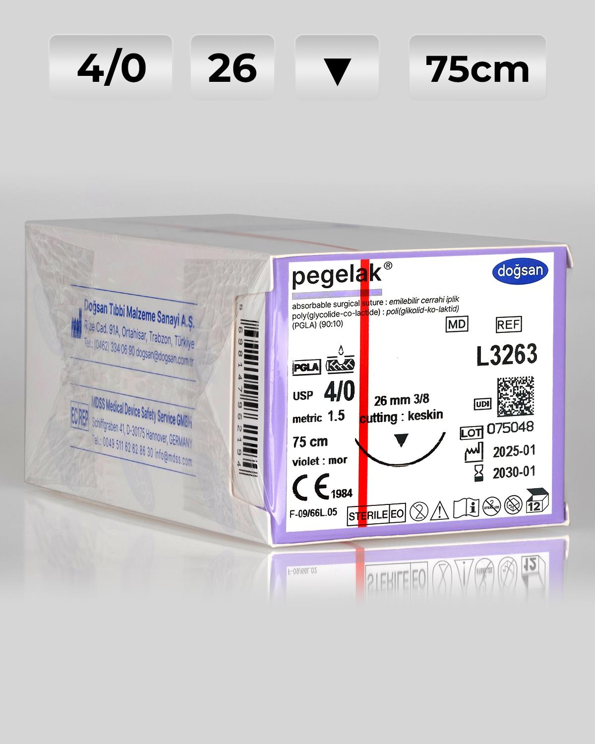 L3263 DOĞSAN Pegelak 4/0 26 3/8 Keskin (▼) 75cm PGLA Emilebilir Sütür 12 Ad./Pkt