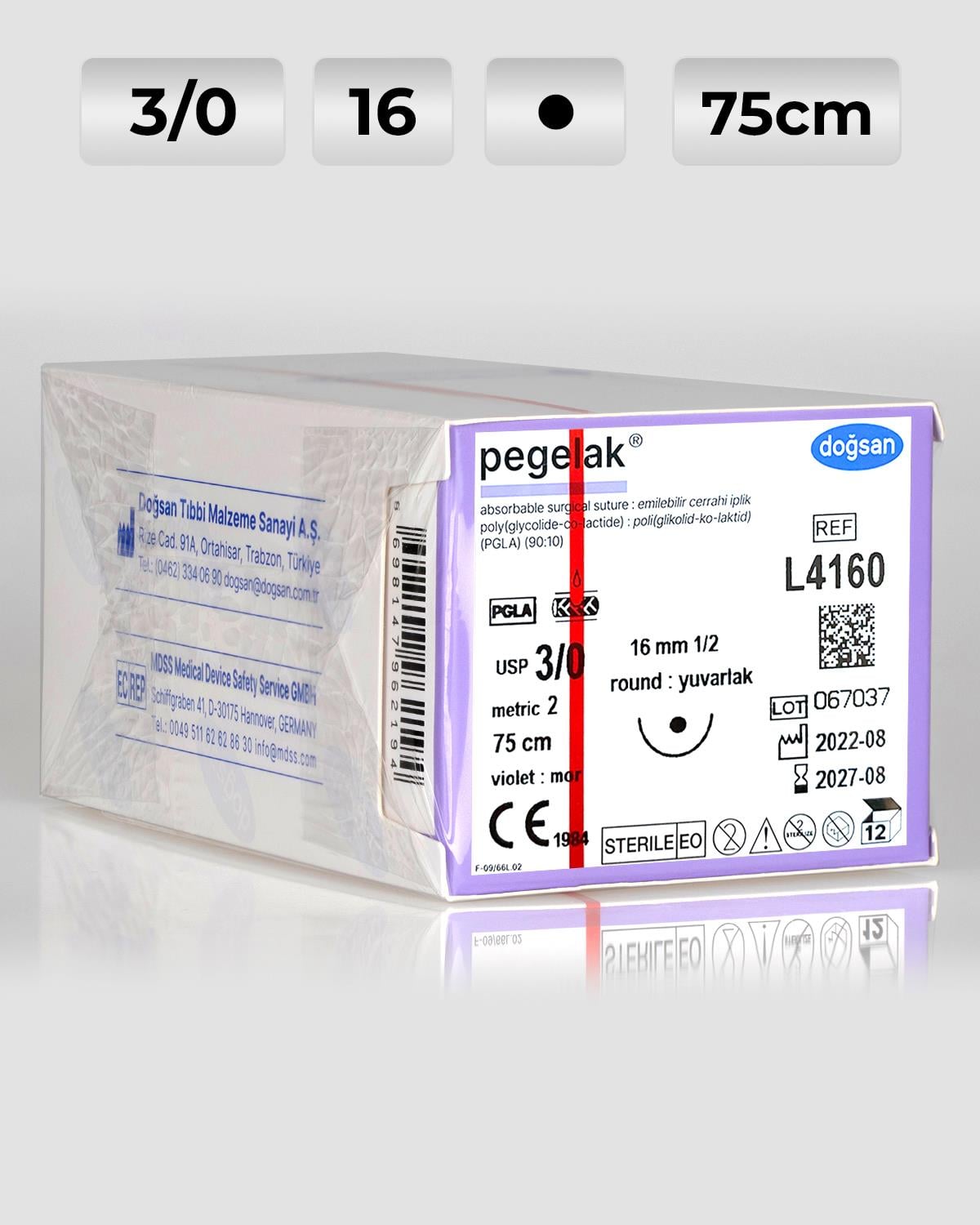 L4160 DOĞSAN Pegelak 3/0 16 1/2 Yuvarlak (●) 75cm PGLA Emilebilir Sütür 12 Ad./Pkt