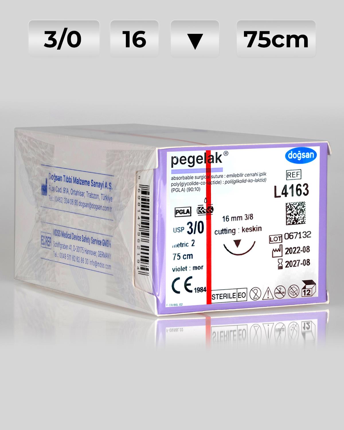 L4163 DOĞSAN Pegelak 3/0 16 3/8 Keskin (▼) 75cm PGA Emilebilir Sütür 12 Ad./Pkt