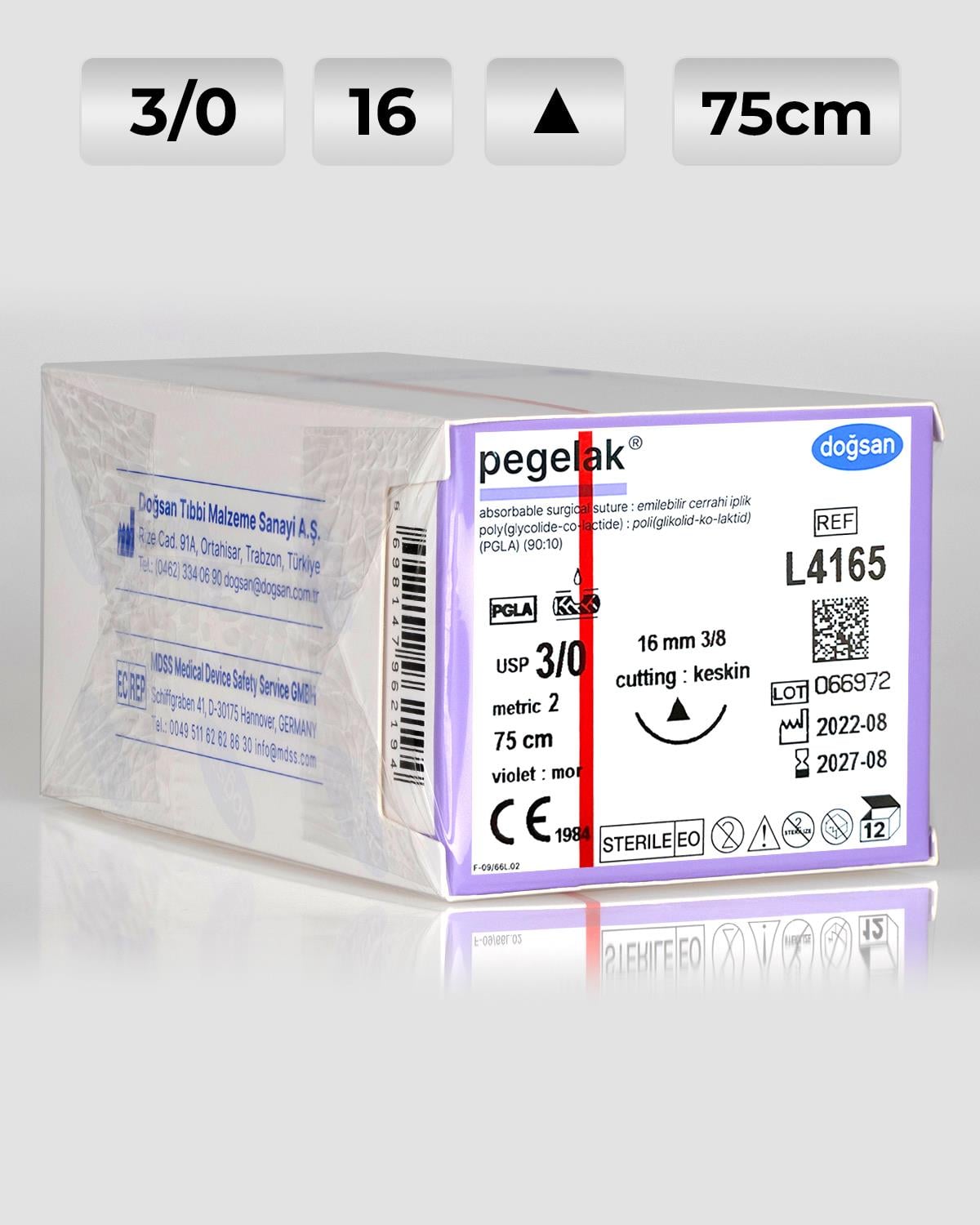 L4165 DOĞSAN Pegelak 3/0 16 3/8 Keskin (Δ) 75cm PGLA Emilebilir Sütür 12 Ad./Pkt