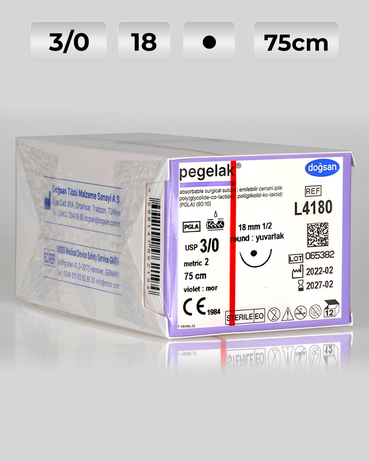 L4180 DOĞSAN Pegelak 3/0 18 1/2 Yuvarlak (●) 75cm PGLA Emilebilir Sütür 12 Ad./Pkt