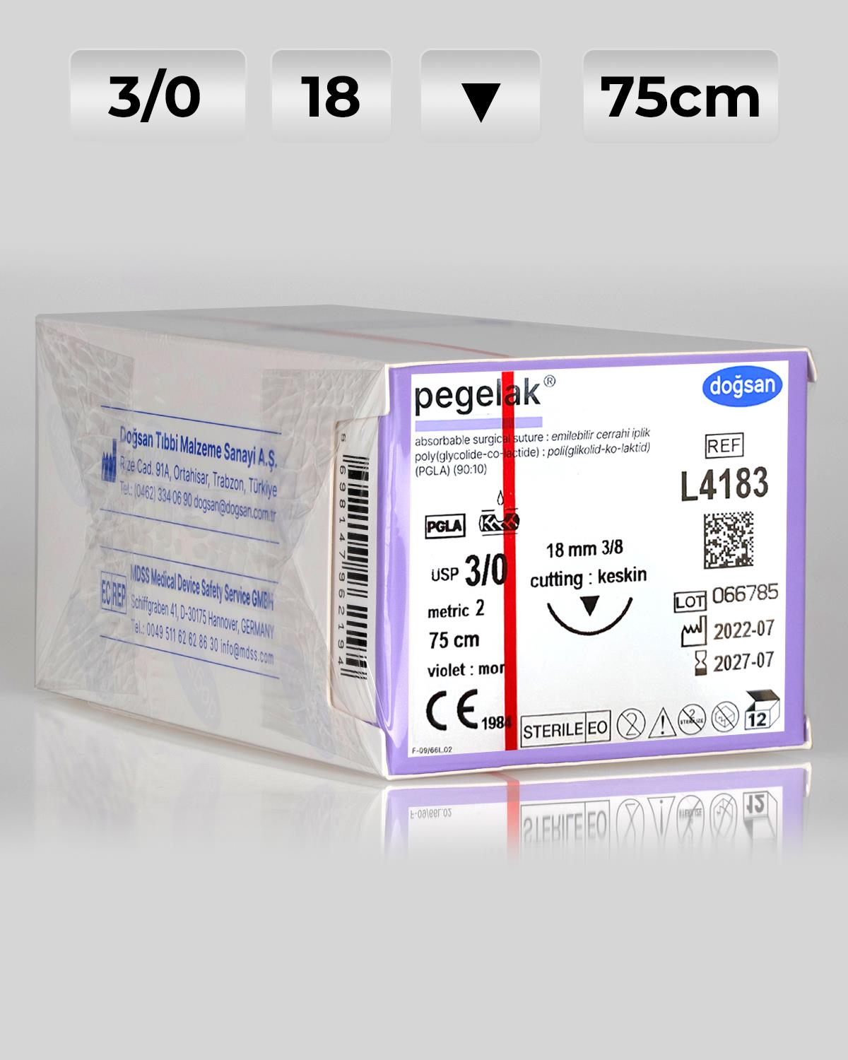 L4183 DOĞSAN Pegelak 3/0 18 3/8 Keskin (▼) 75cm PGLA Emilebilir Sütür 12 Ad./Pkt