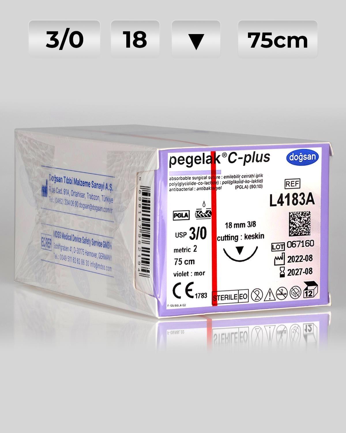 L4183A DOĞSAN Pegelak 3/0 18 3/8 Keskin (▼) 75cm PGLA Emilebilir Sütür 12 Ad./Pkt