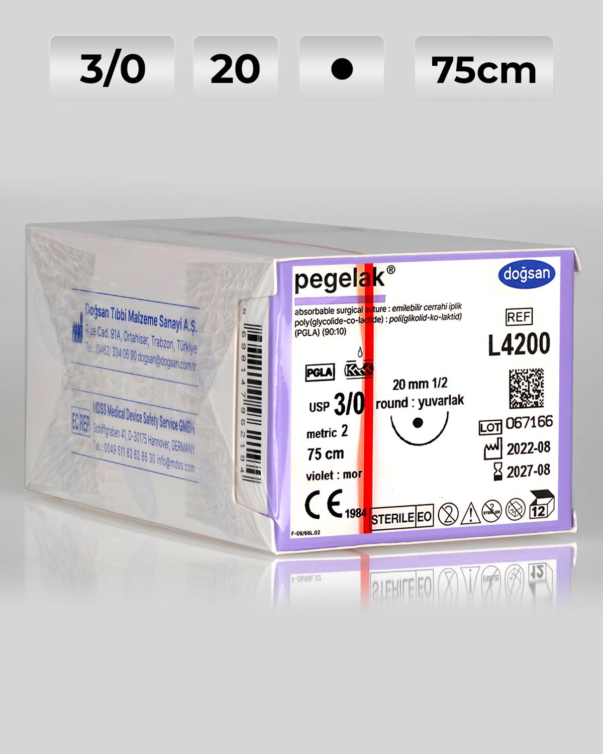 L4200 DOĞSAN Pegelak 3/0 20 1/2 Yuvarlak (●) 75cm PGLA Emilebilir Sütür 12 Ad./Pkt