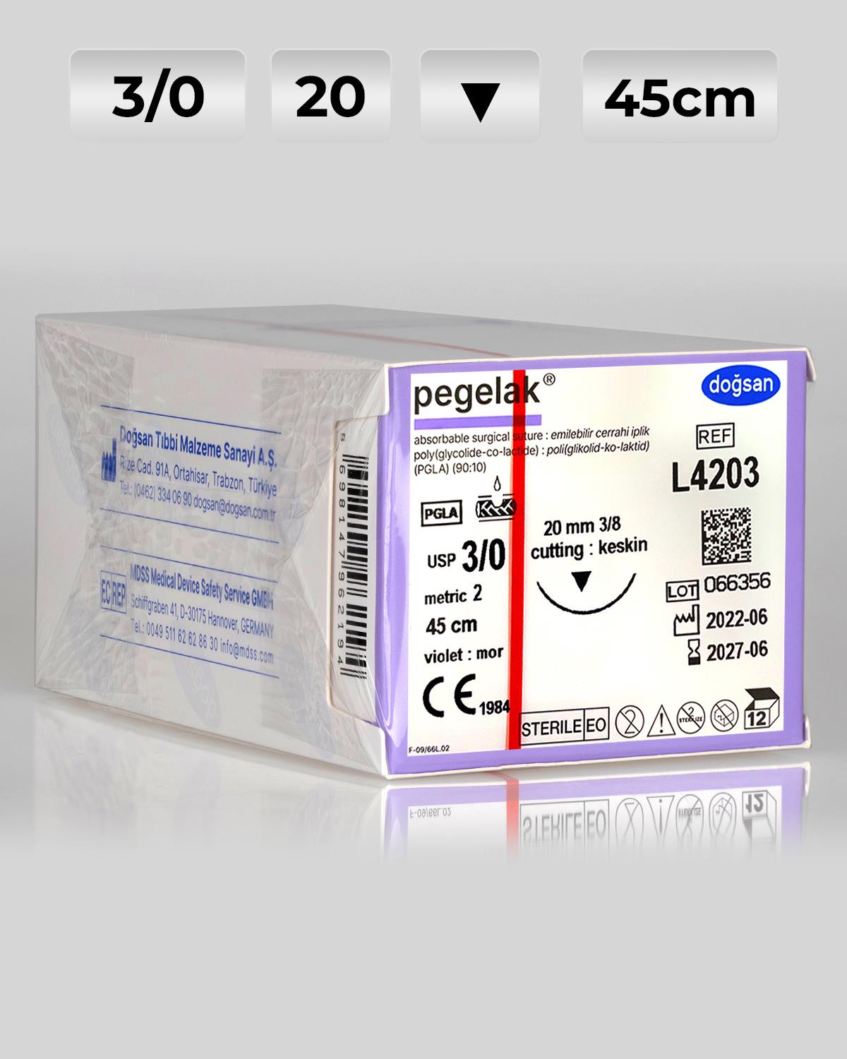 L4203 DOĞSAN Pegelak 3/0 20 3/8 Keskin (▼) 45cm PGLA Emilebilir Sütür 12 Ad./Pkt