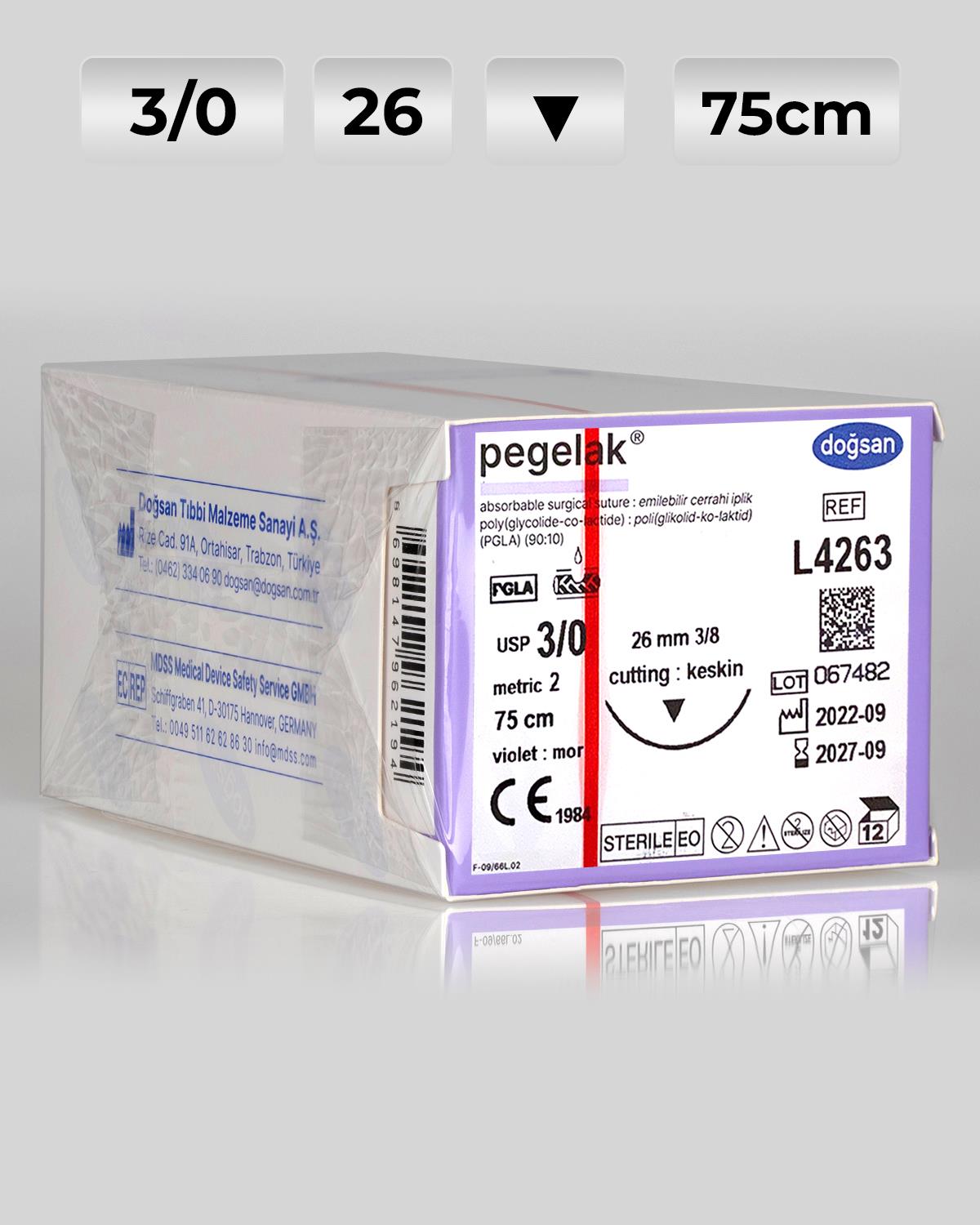 L4263 DOĞSAN Pegelak 3/0 26 3/8 Keskin (▼) 75cm PGLA Emilebilir Sütür 12 Ad./Pkt