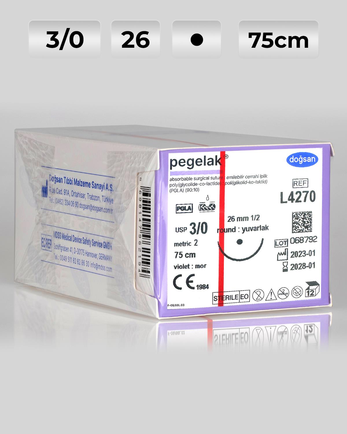 L4270 DOĞSAN Pegelak 3/0 26 1/2 Yuvarlak (●) 75cm PGLA Emilebilir Sütür 12 Ad./Pkt