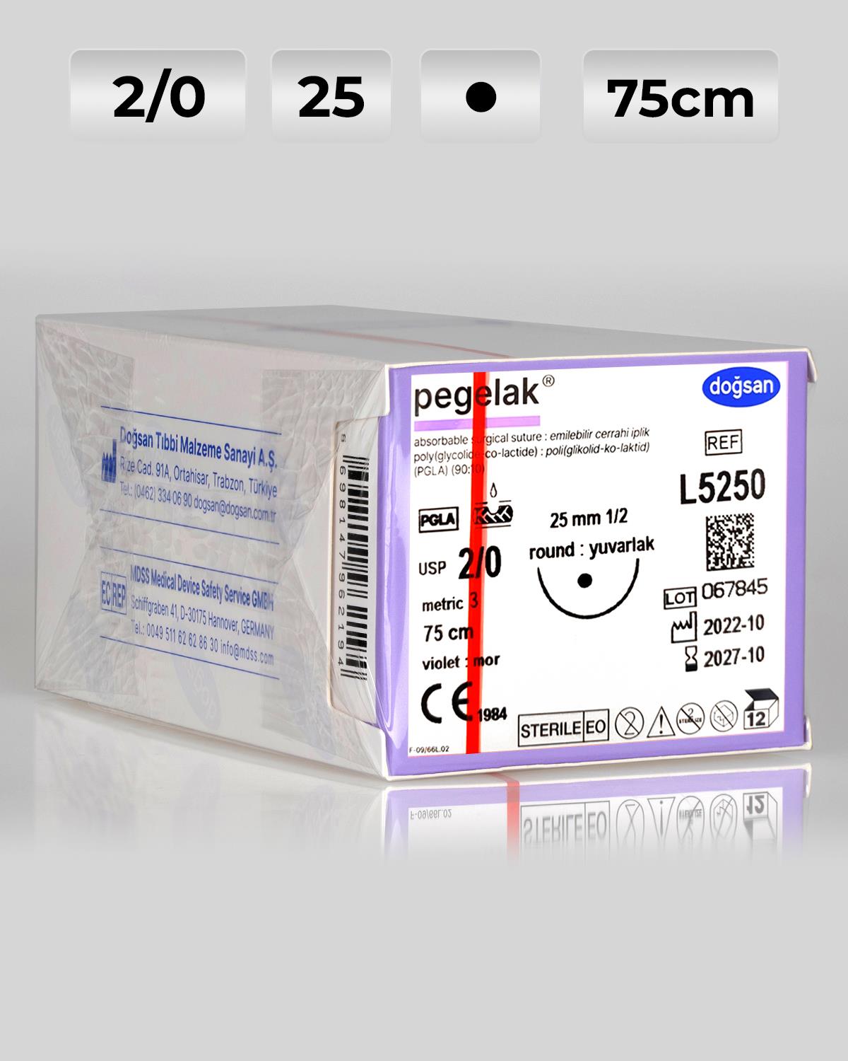 L5250 DOĞSAN Pegelak 2/0 25 1/2 Yuvarlak (●) 75cm PGLA Emilebilir Sütür 12 Ad./Pkt