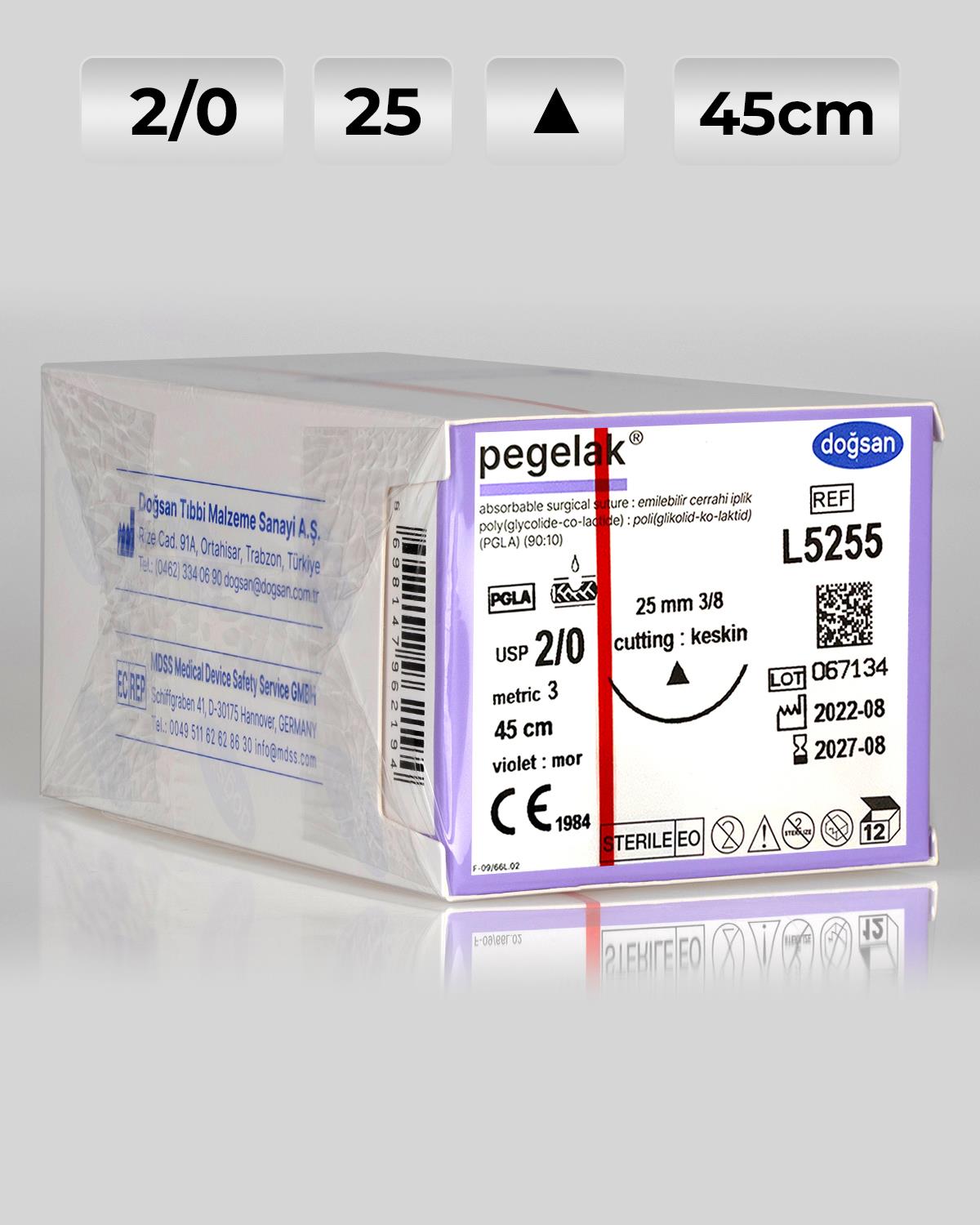 L5255 DOĞSAN Pegelak 2/0 25 3/8 Keskin (Δ) 45cm PGLA Emilebilir Sütür 12 Ad./Pkt