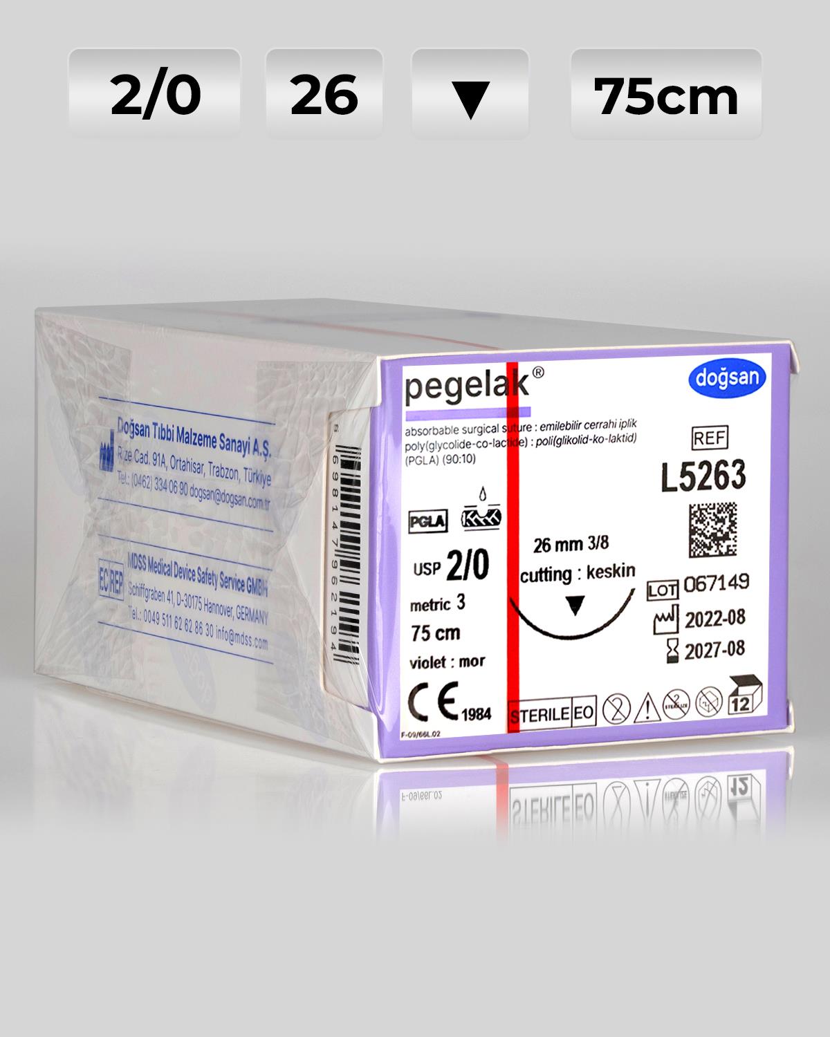 L5263 DOĞSAN Pegelak 2/0 26 3/8 Keskin (▼) 75cm PGLA Emilebilir Sütür 12 Ad./Pkt