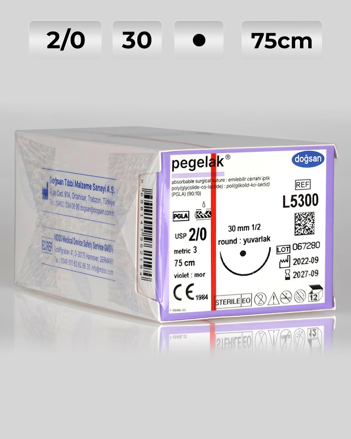 L5300 DOĞSAN Pegelak 2/0 30 1/2 Yuvarlak (●) 75cm PGLA Emilebilir Sütür 12 Ad./Pkt