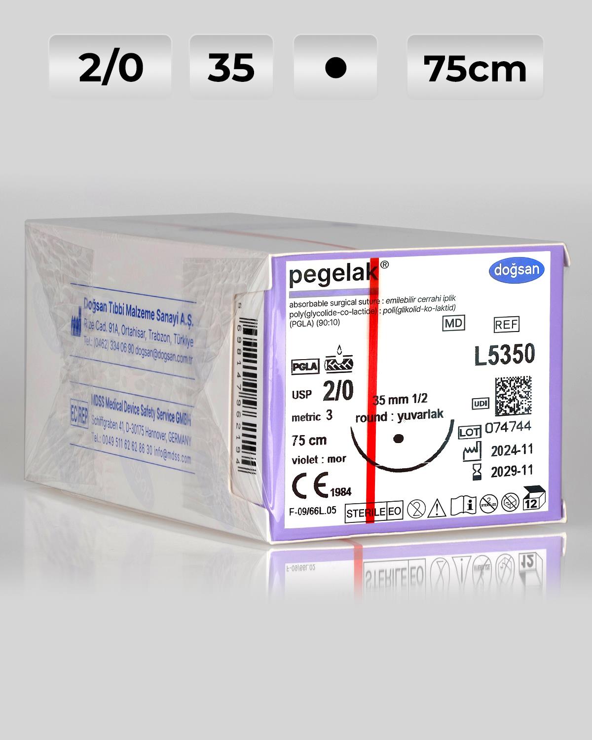 L5350 DOĞSAN Pegelak 2/0 35 1/2 Yuvarlak (●) 75cm PGLA Emilebilir Sütür 12 Ad./Pkt