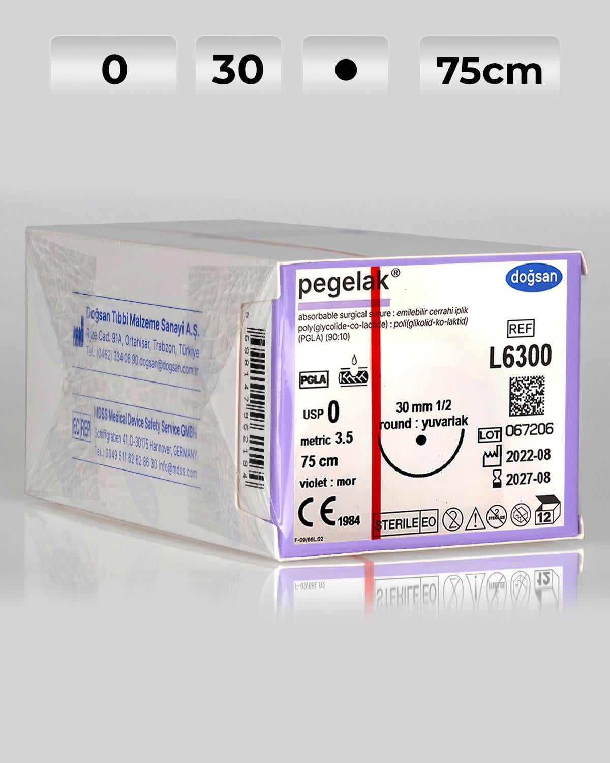 L6300 DOĞSAN Pegelak 0 30 1/2 Yuvarlak (●) 75cm PGLA Emilebilir Sütür 12 Ad./Pkt