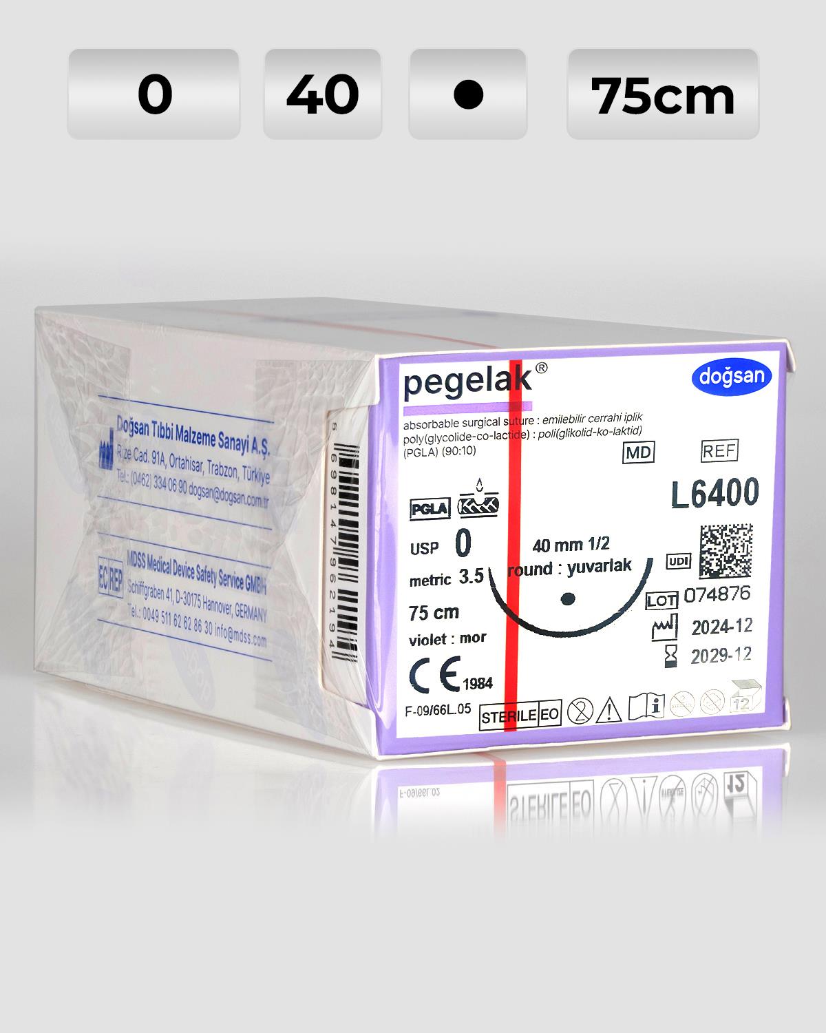 L6400 DOĞSAN Pegelak 0 40 1/2 Yuvarlak (●) 75cm PGLA Emilebilir Sütür 12 Ad./Pkt