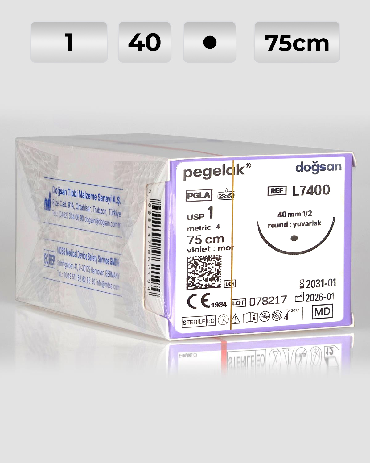 L7400 DOĞSAN Pegelak 1 40 1/2 Yuvarlak (●) 75cm PGLA Emilebilir Sütür 12 Ad./Pkt