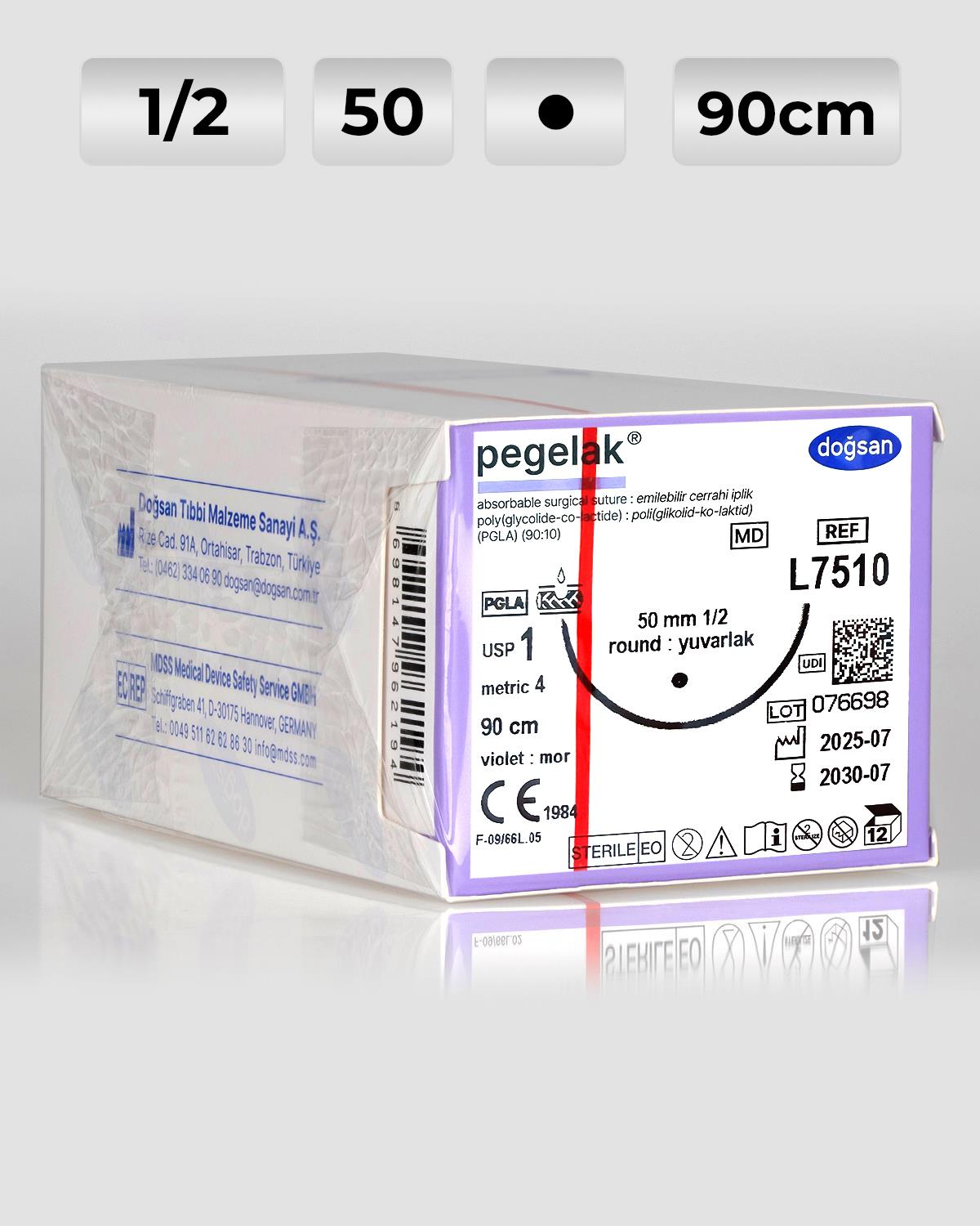 L7510 DOĞSAN Pegelak 1 50 1/2 Yuvarlak (●) 90cm PGLA Emilebilir Sütür 12 Ad./Pkt