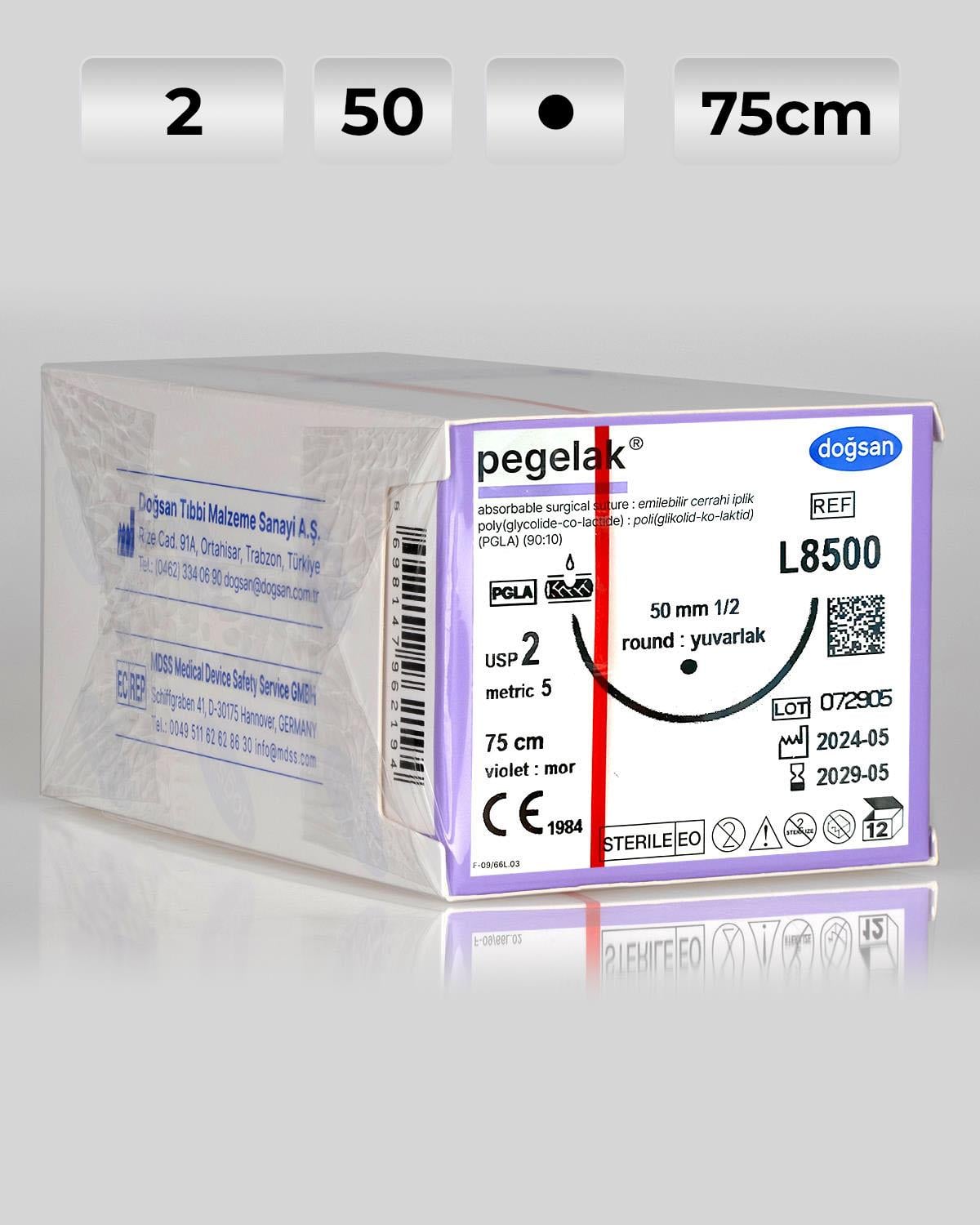 L8500 DOĞSAN Pegelak 2 50 1/2 Yuvarlak (●) 75cm PGLA Emilebilir Sütür 12 Ad./Pkt