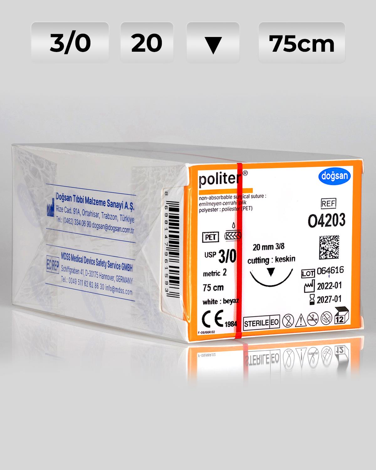 O4203 DOĞSAN Politer 3/0 20 3/8 Keskin (▼) 75cm Polyester Emilemeyen Sütür 12 Ad./Pkt