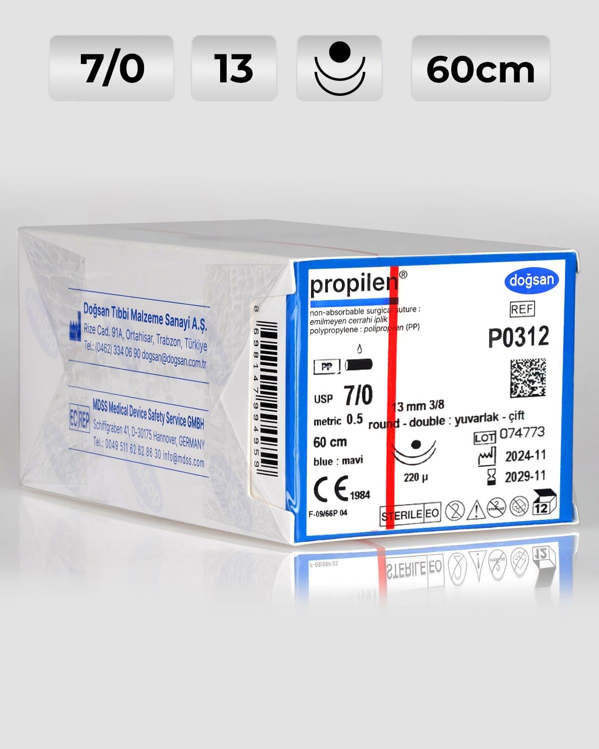 P0312 DOĞSAN Propilen 7/0 13 3/8 Yuvarlak (●),çift 60cm Polipropilen Emilemeyen Sütür 12 Ad./Pkt