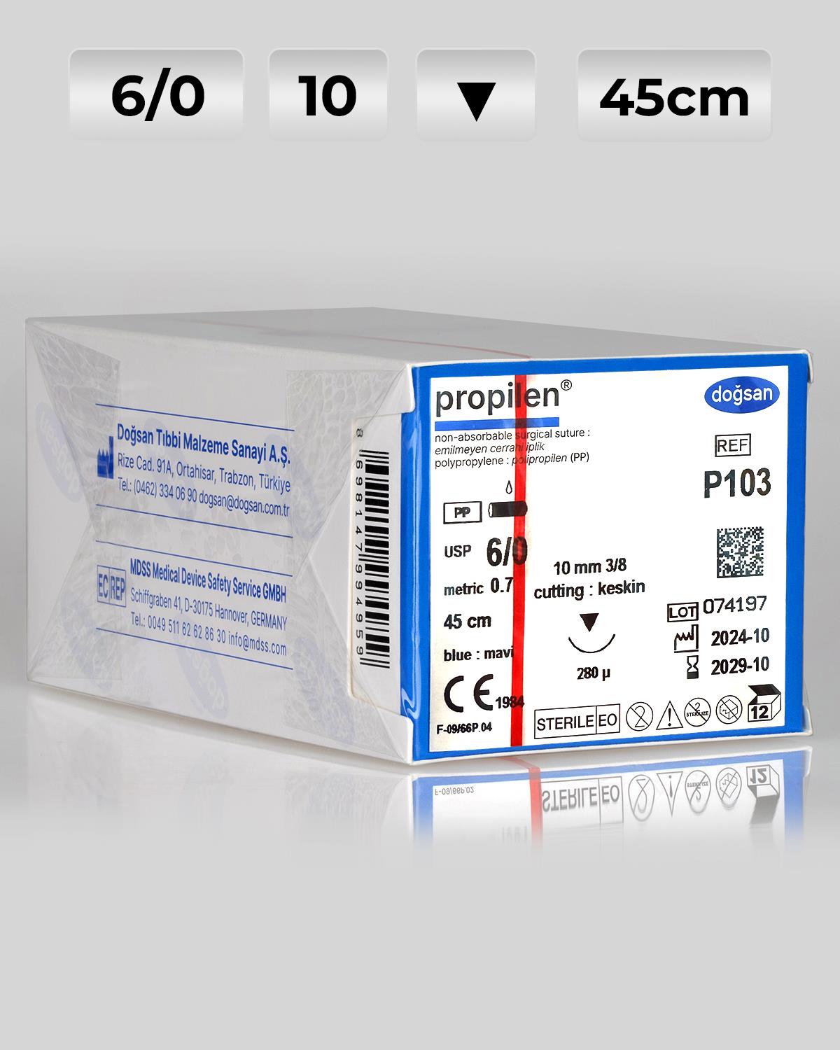 P103 DOĞSAN Propilen 6/0 10 3/8 Keskin (▼) 45cm Polipropilen Emilemeyen Sütür 12 Ad./Pkt