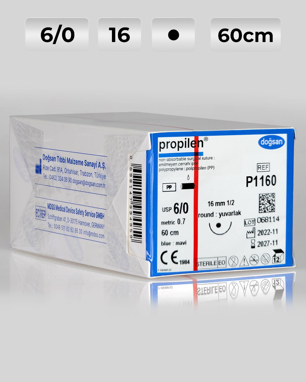 P1160 DOĞSAN Propilen 6/0 16 1/2 Yuvarlak (●) 60cm Polipropilen Emilemeyen Sütür 12 Ad./Pkt