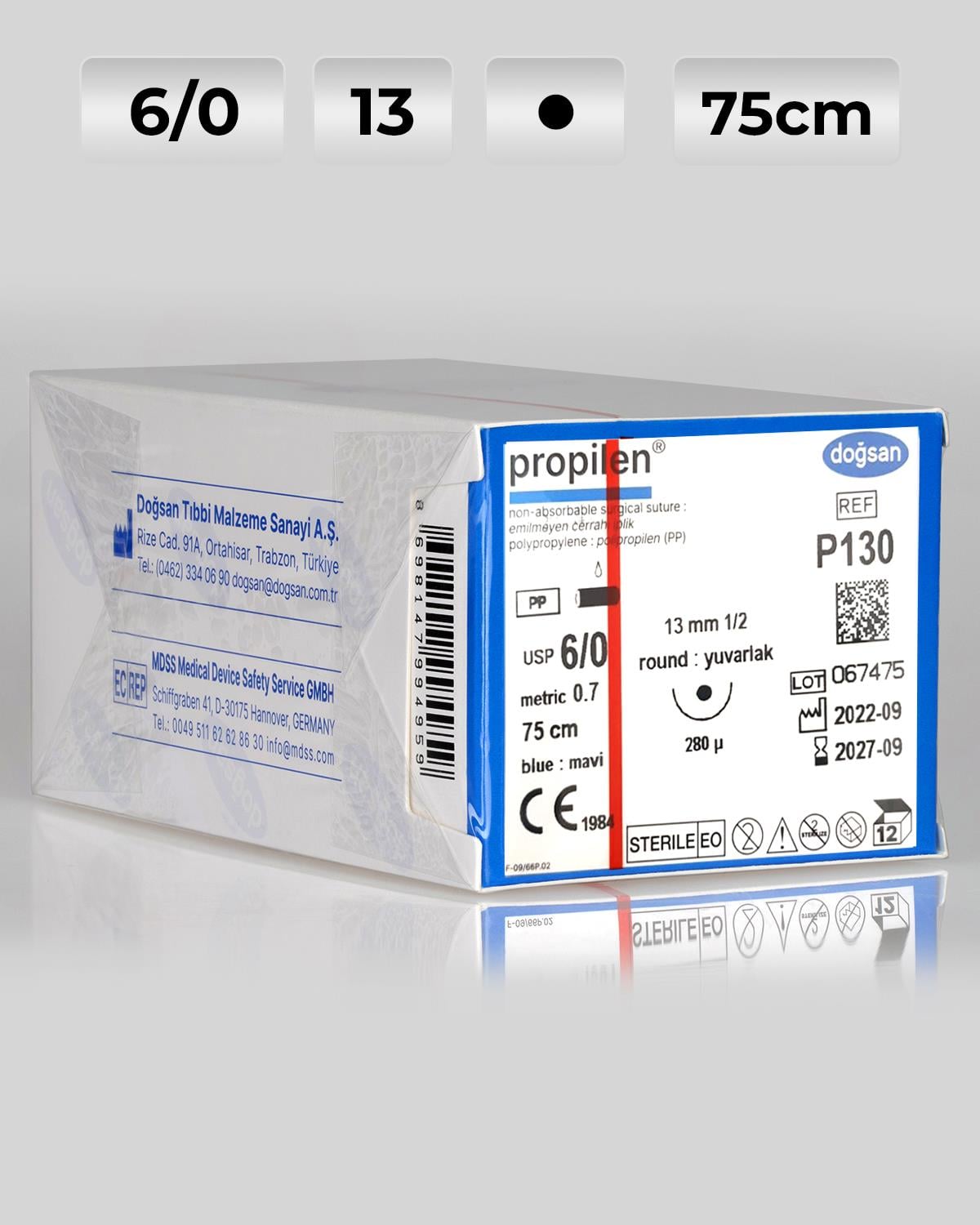 P130 DOĞSAN Propilen 6/0 13 1/2 Yuvarlak (●) 75cm Polipropilen Emilemeyen Sütür 12 Ad./Pkt