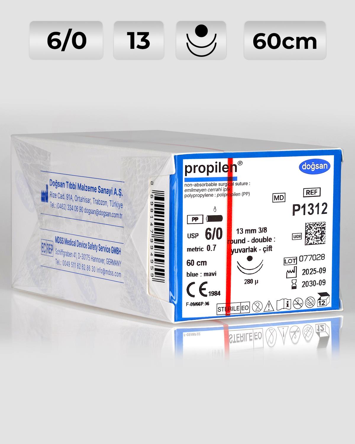 P1312 DOĞSAN Propilen 6/0 13 3/8 Yuvarlak (●),çift 60cm Polipropilen Emilemeyen Sütür 12 Ad./Pkt
