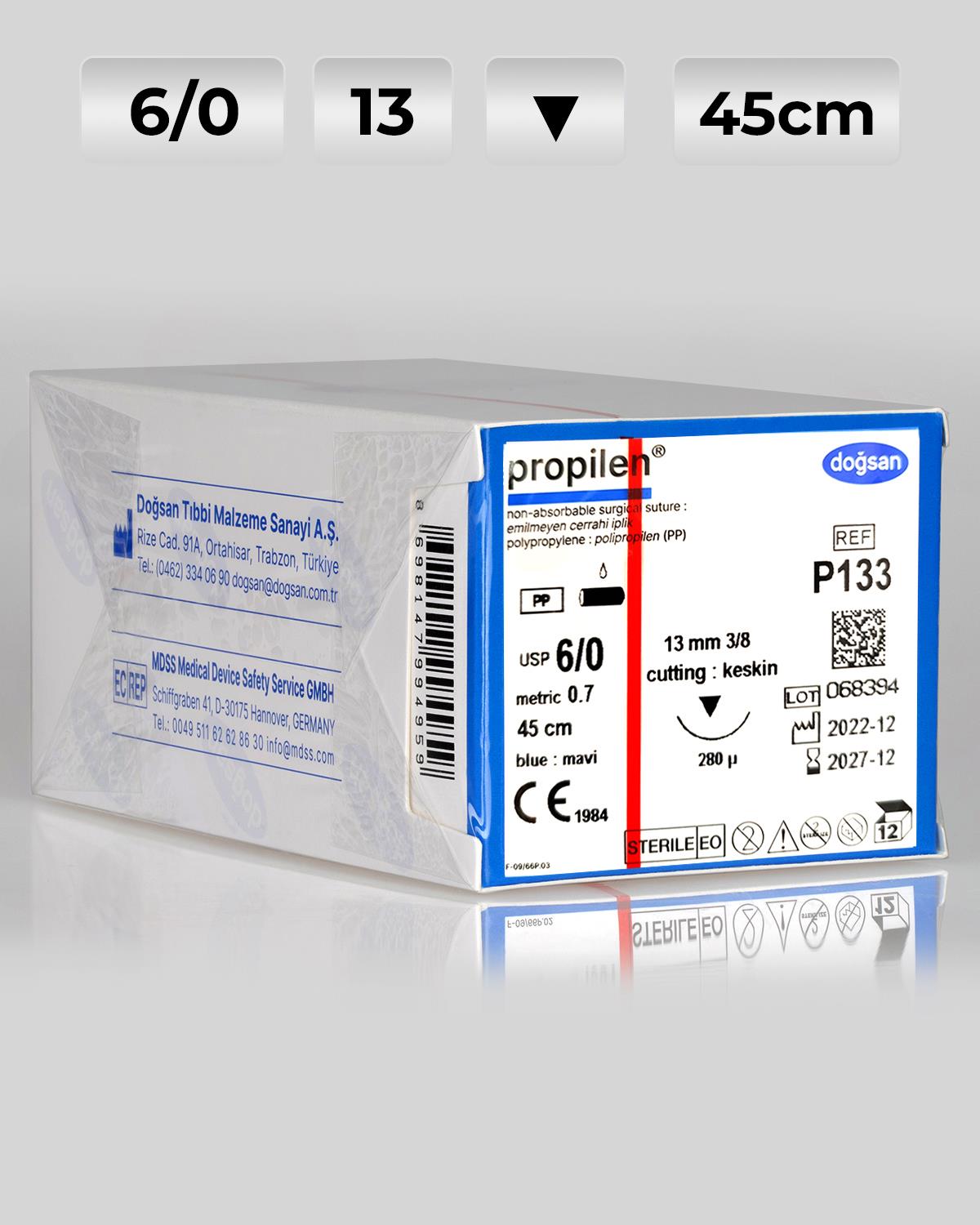 P133 DOĞSAN Propilen 6/0 13 3/8 Keskin (▼) 45cm Polipropilen Emilemeyen Sütür 12 Ad./Pkt