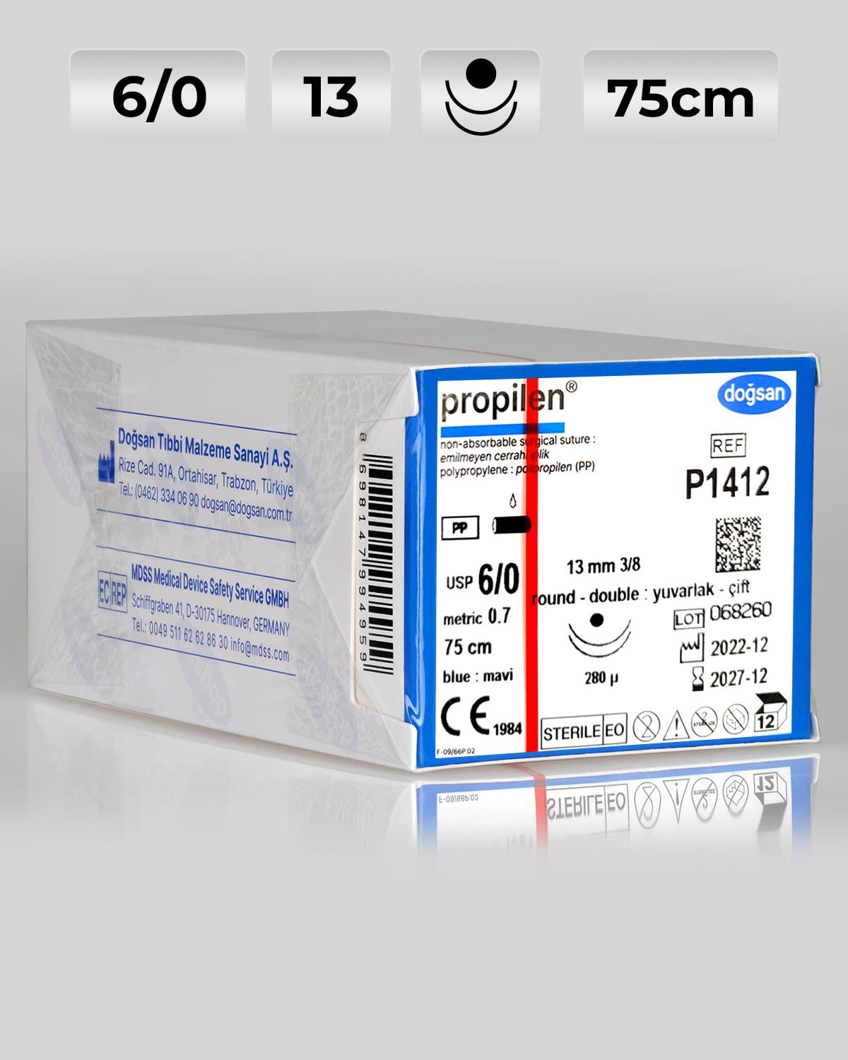 P1412 DOĞSAN Propilen 6/0 13 3/8 Yuvarlak (●),çift 75cm Polipropilen Emilemeyen Sütür 12 Ad./Pkt