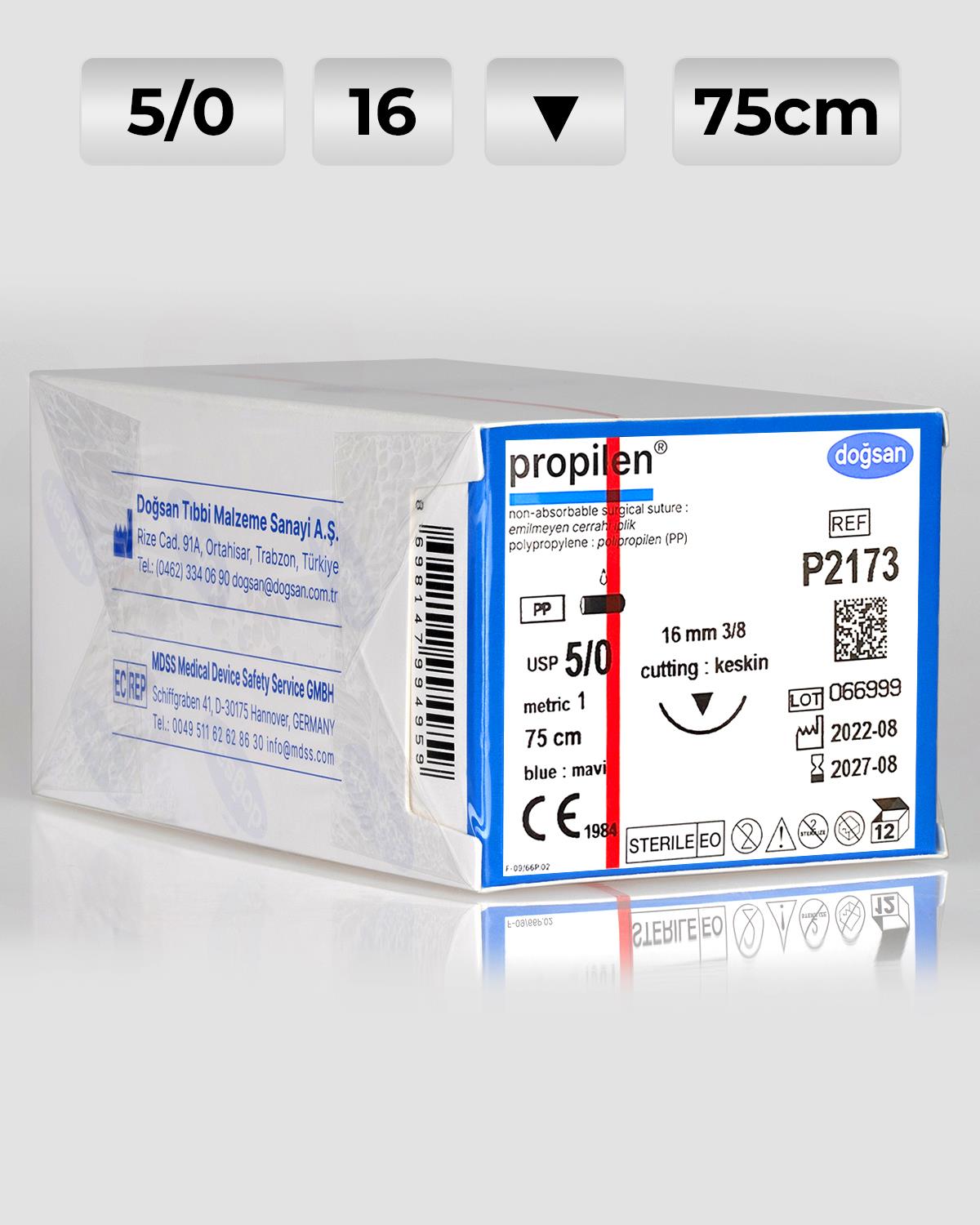 P2173 DOĞSAN Propilen 5/0 16 3/8 Keskin (▼) 75cm Polipropilen Emilemeyen Sütür 12 Ad./Pkt