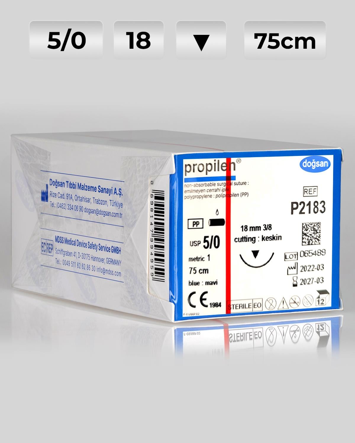 P2183 DOĞSAN Propilen 5/0 18 3/8 Keskin (▼) 75cm Polipropilen Emilemeyen Sütür 12 Ad./Pkt