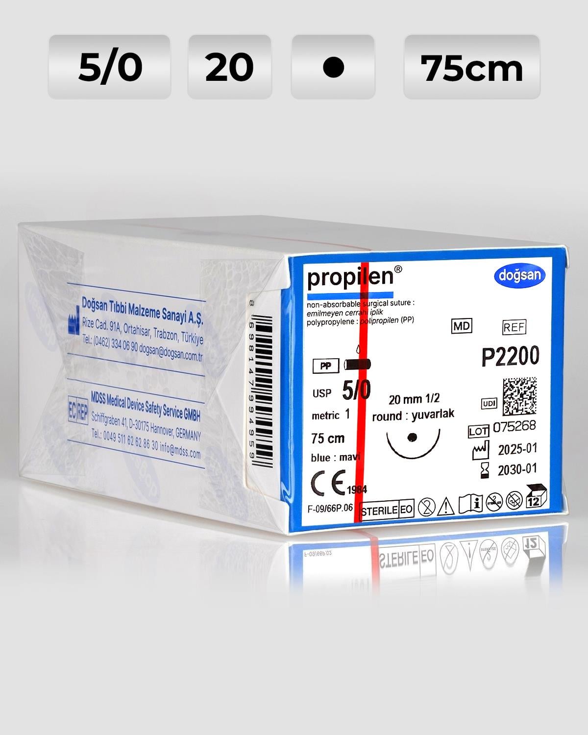 P2200 DOĞSAN Propilen 5/0 20 1/2 Yuvarlak (●) 75cm Polipropilen Emilemeyen Sütür 12 Ad./Pkt