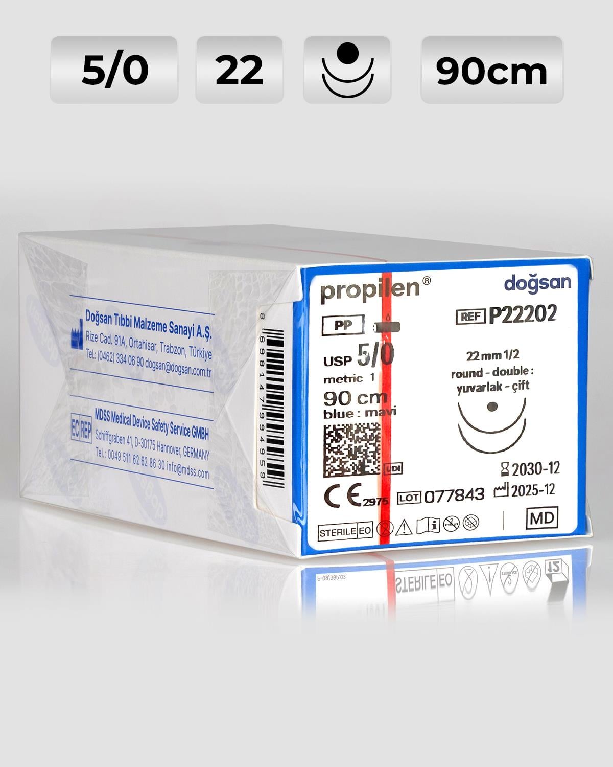 P22202 DOĞSAN Propilen 5/0 22 1/2 Yuvarlak (●) 90cm Polipropilen Emilemeyen Sütür 12 Ad./Pkt