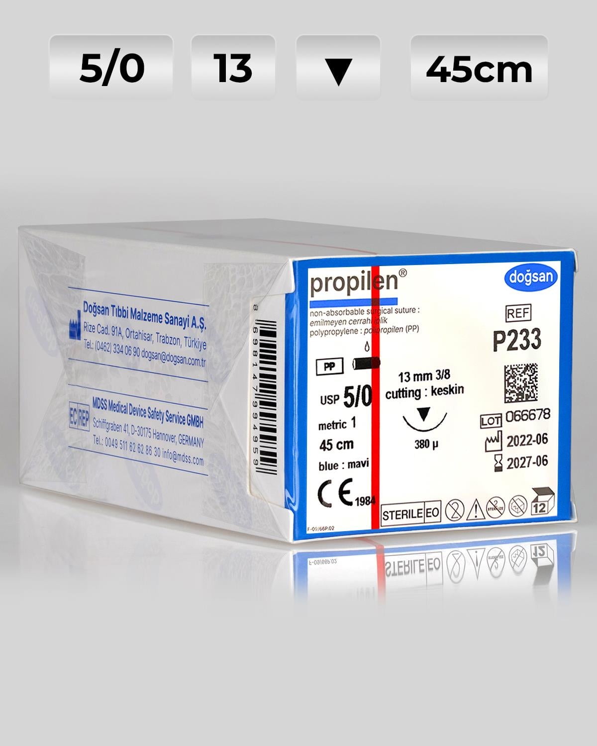 P233 DOĞSAN Propilen 5/0 13 3/8 Keskin (▼) 45cm Polipropilen Emilemeyen Sütür 12 Ad./Pkt