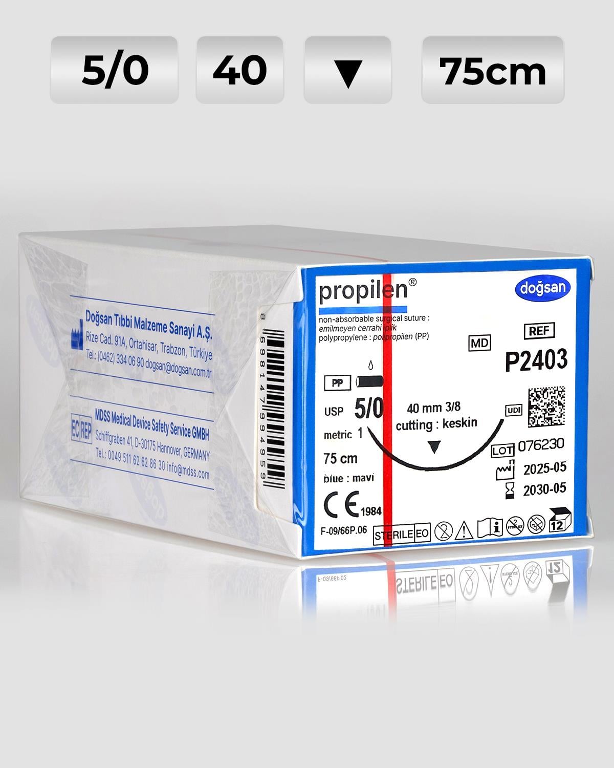 P2403 DOĞSAN Propilen 5/0 40 3/8 Keskin (▼) 75cm Polipropilen Emilemeyen Sütür 12 Ad./Pkt
