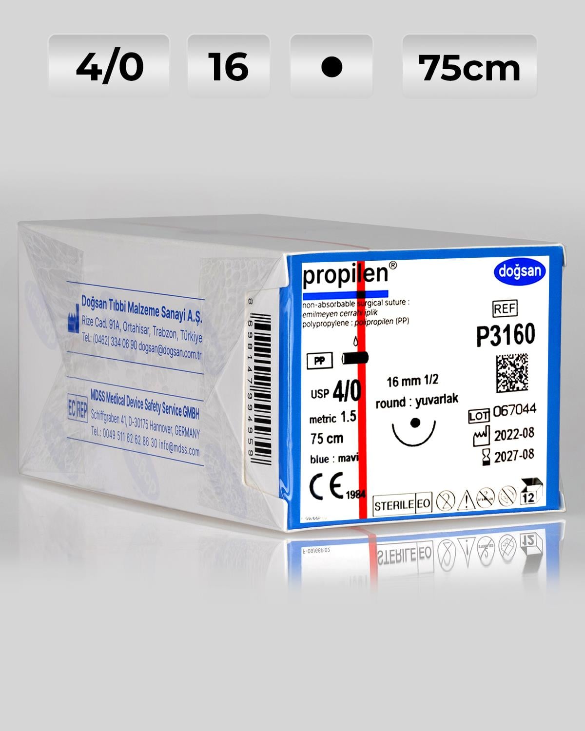 P3160 DOĞSAN Propilen 4/0 16 1/2 Yuvarlak (●) 75cm Polipropilen Emilemeyen Sütür 12 Ad./Pkt