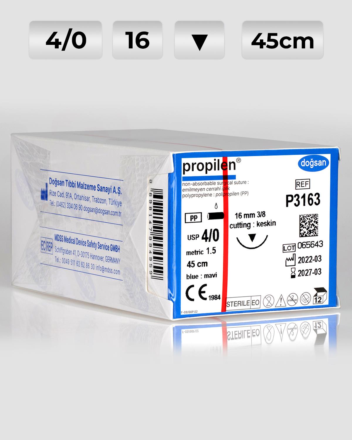P3163 DOĞSAN Propilen 4/0 16 3/8 Keskin (▼) 45cm Polipropilen Emilemeyen Sütür 12 Ad./Pkt