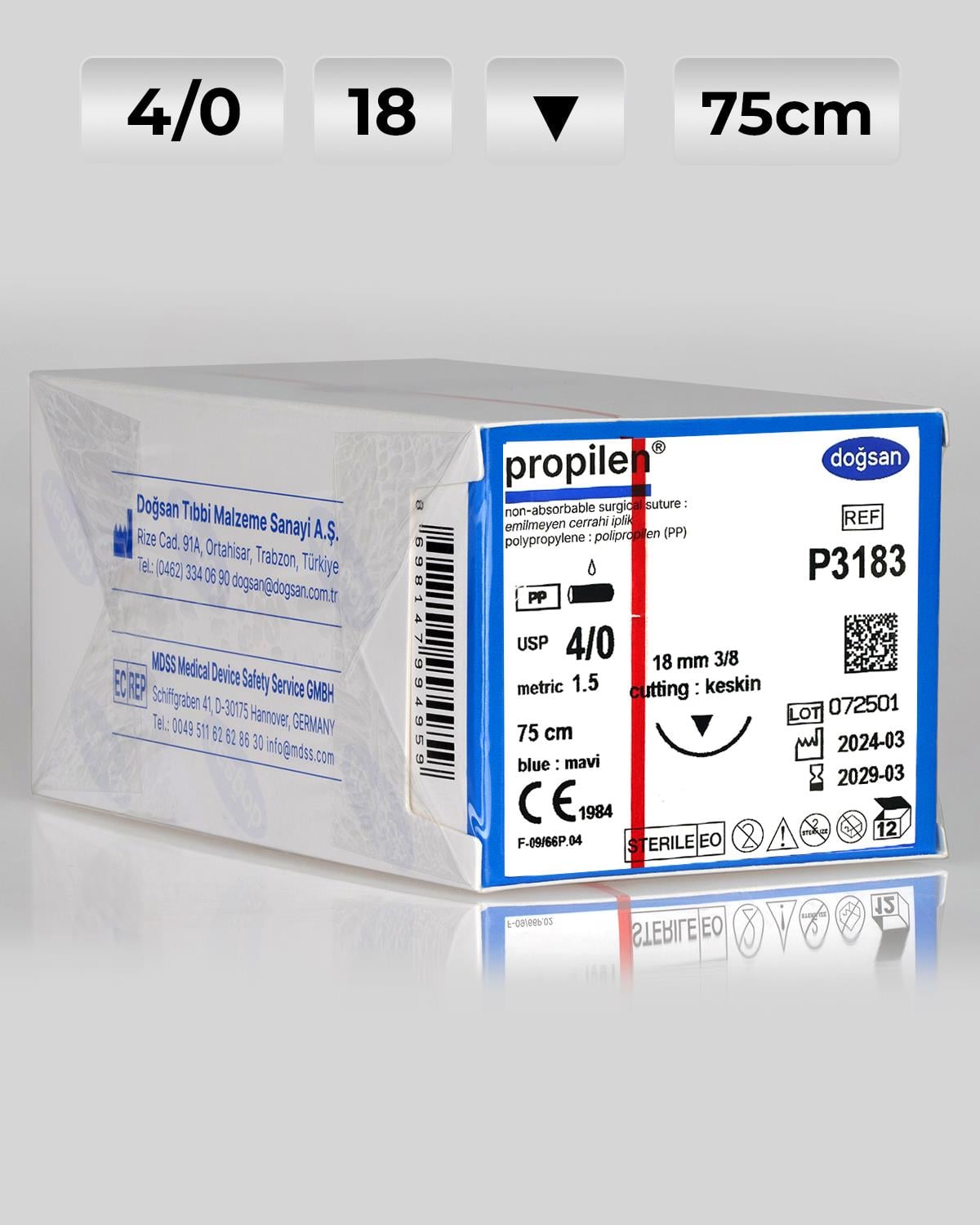 P3183 DOĞSAN Propilen 4/0 18 3/8 Keskin (▼) 75cm Polipropilen Emilemeyen Sütür 12 Ad./Pkt