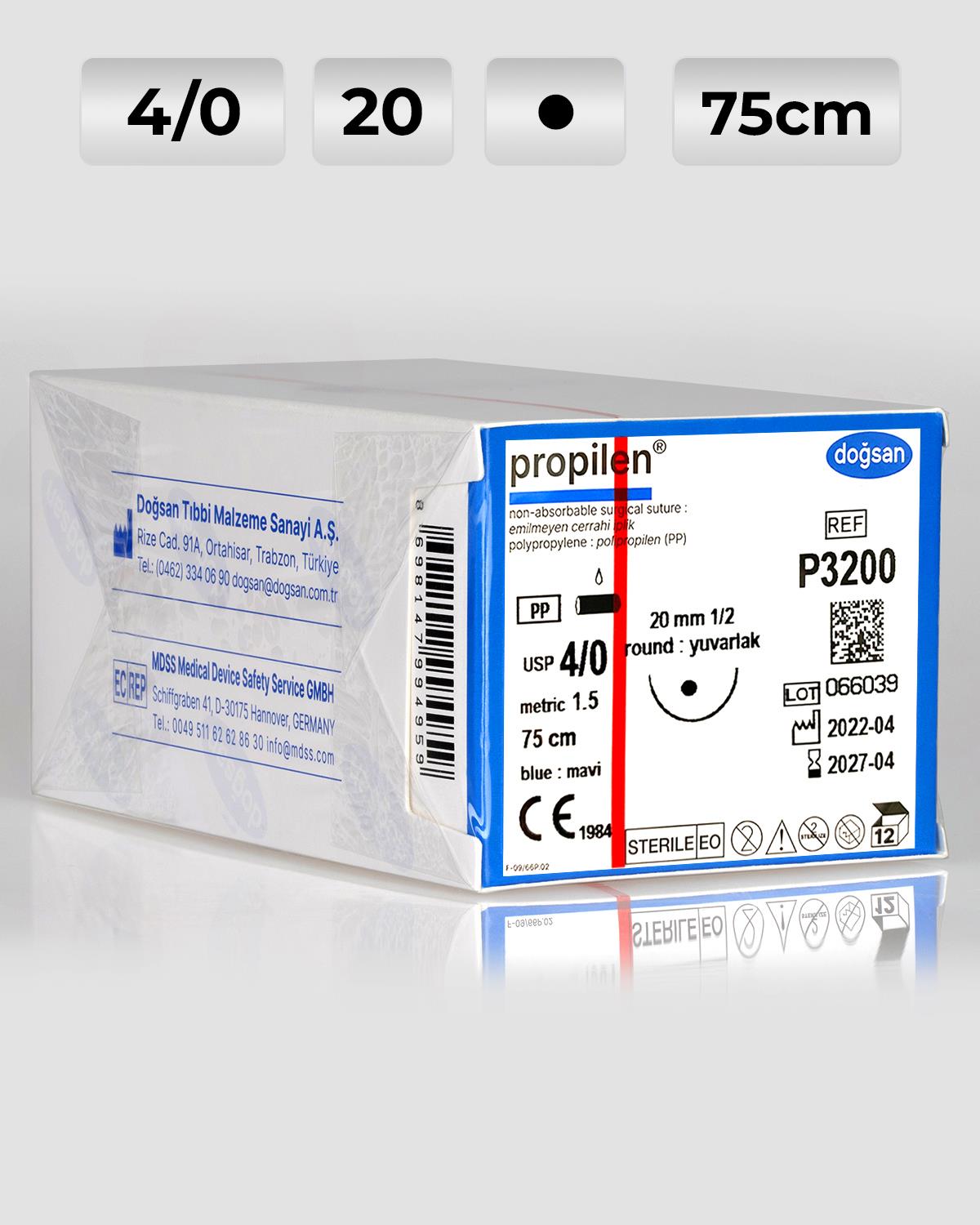 P3200 DOĞSAN Propilen 4/0 20 1/2 Yuvarlak (●) 75cm Polipropilen Emilemeyen Sütür 12 Ad./Pkt
