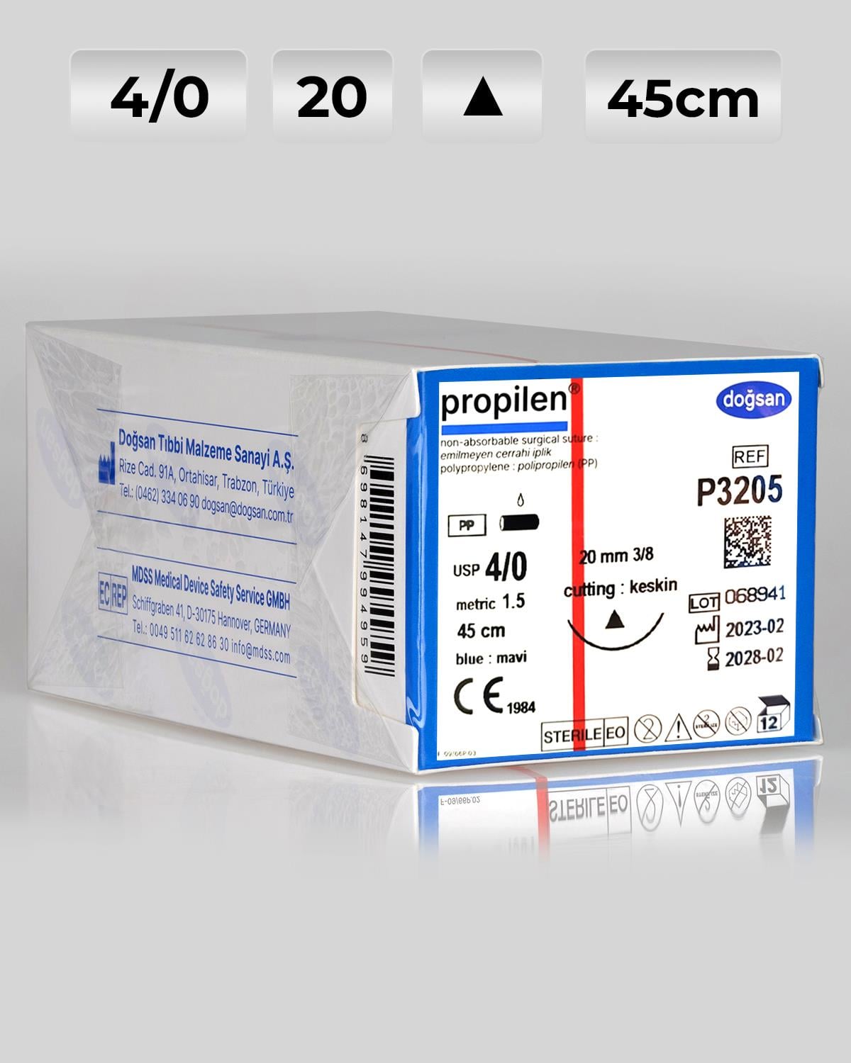 P3205 DOĞSAN Propilen 4/0 20 3/8 Keskin (Δ) 45cm Polipropilen Emilemeyen Sütür 12 Ad./Pkt